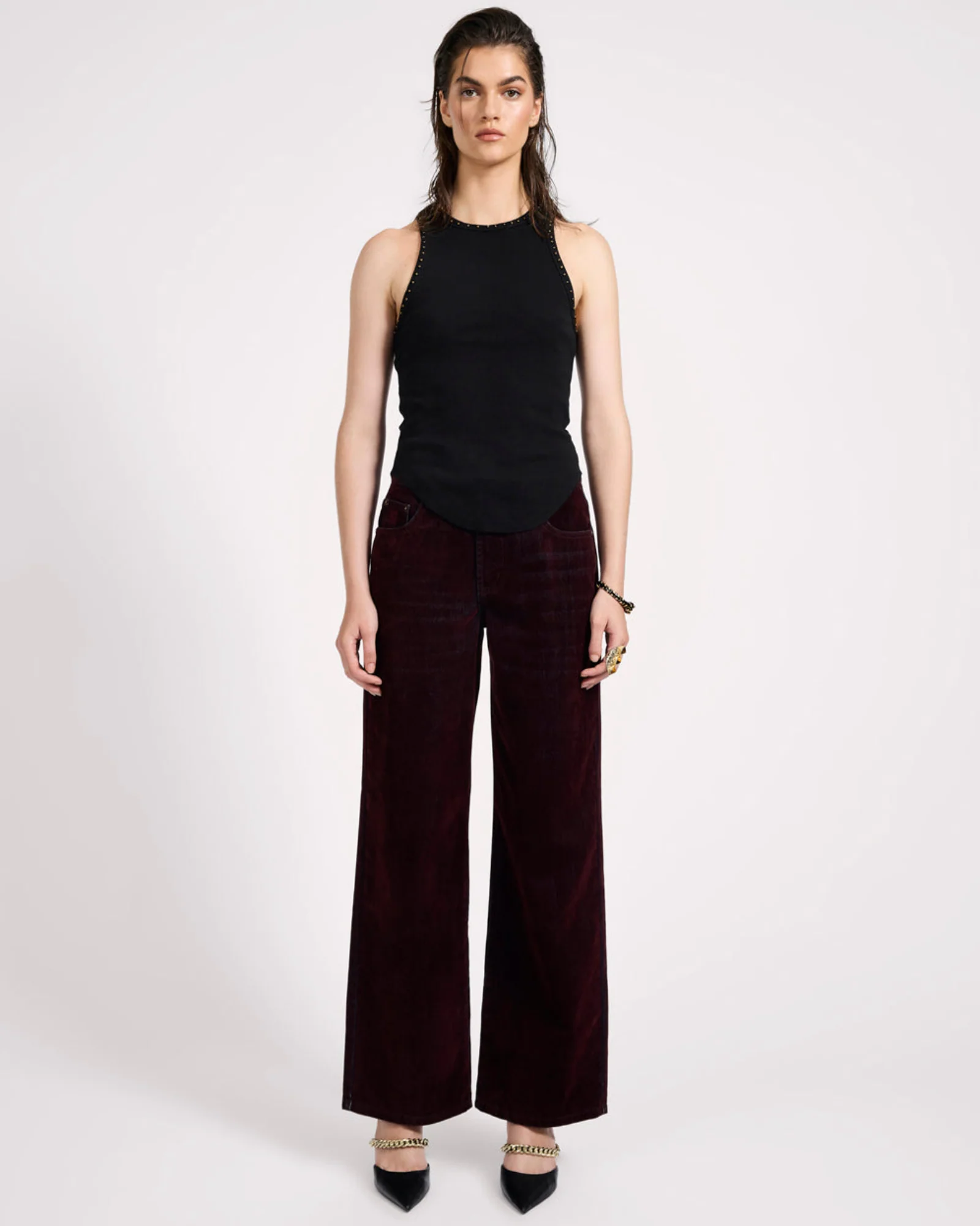 Jackson Mid Waist Wide Leg Velvet Finish Denim Jeans - Flocked Maroon - Image 2
