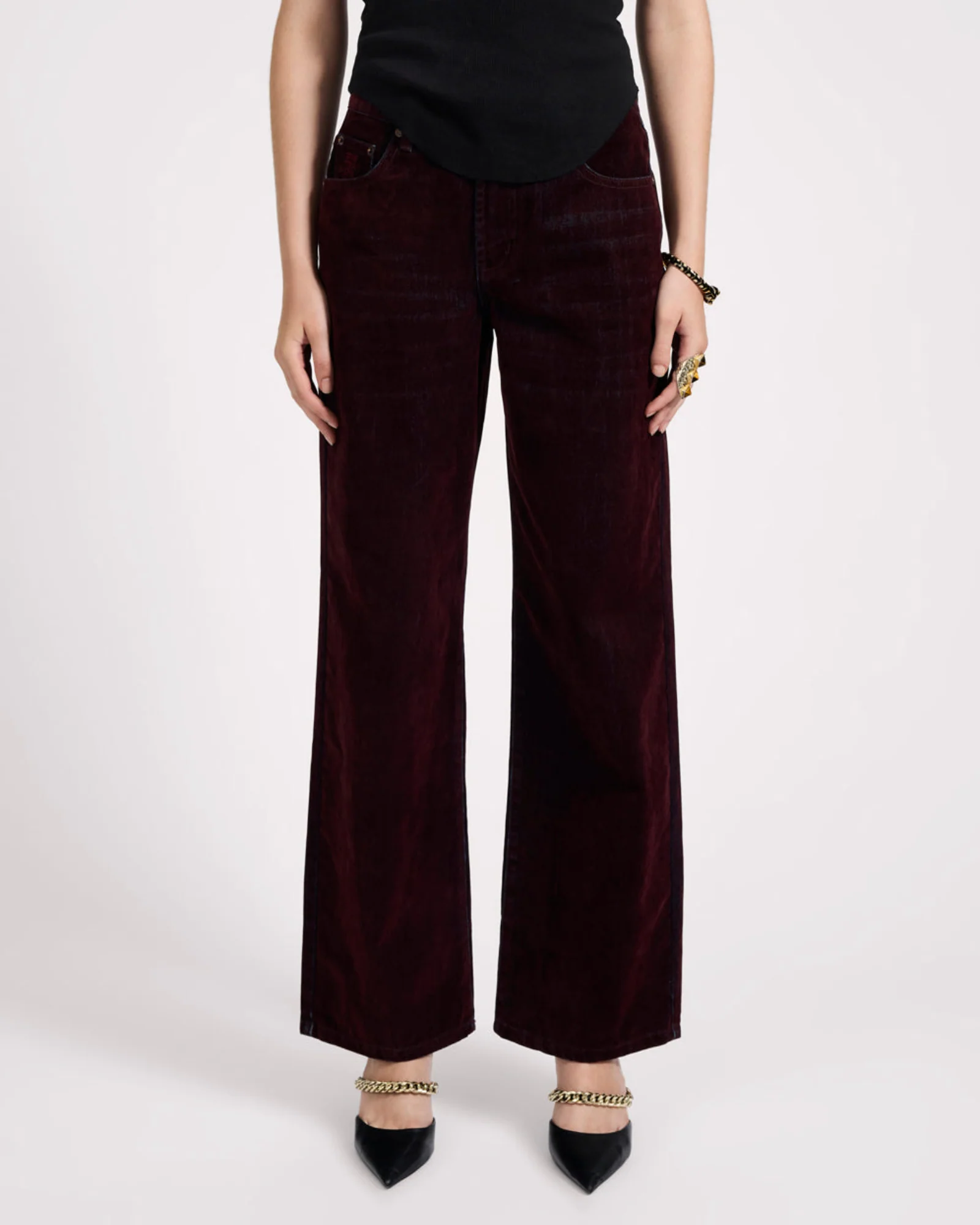Jackson Mid Waist Wide Leg Velvet Finish Denim Jeans - Flocked Maroon - Image 3