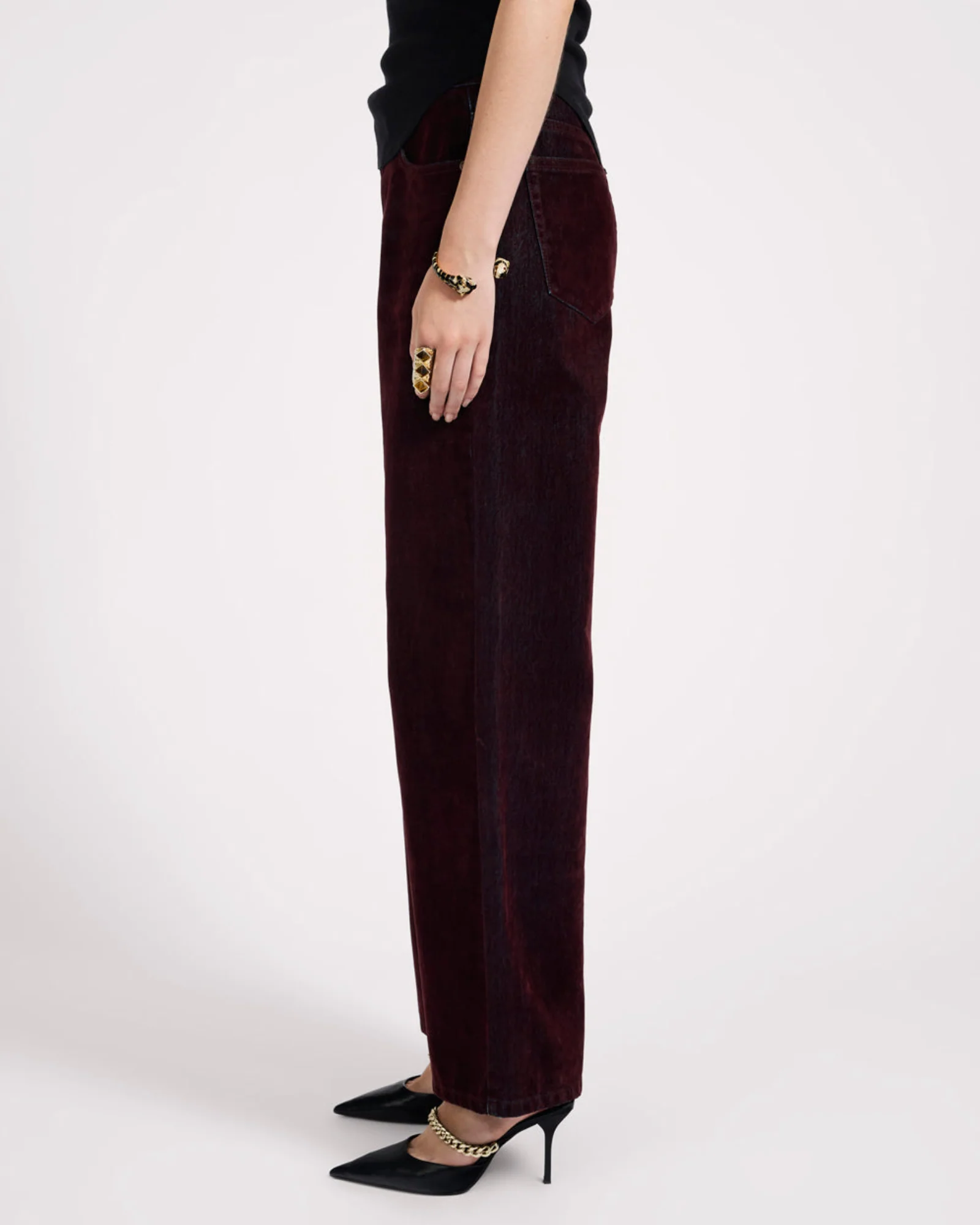 Jackson Mid Waist Wide Leg Velvet Finish Denim Jeans - Flocked Maroon - Image 4