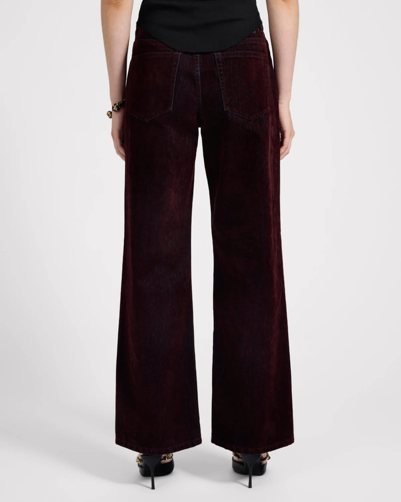 Jackson Mid Waist Wide Leg Velvet Finish Denim Jeans - Flocked Maroon - Image 5