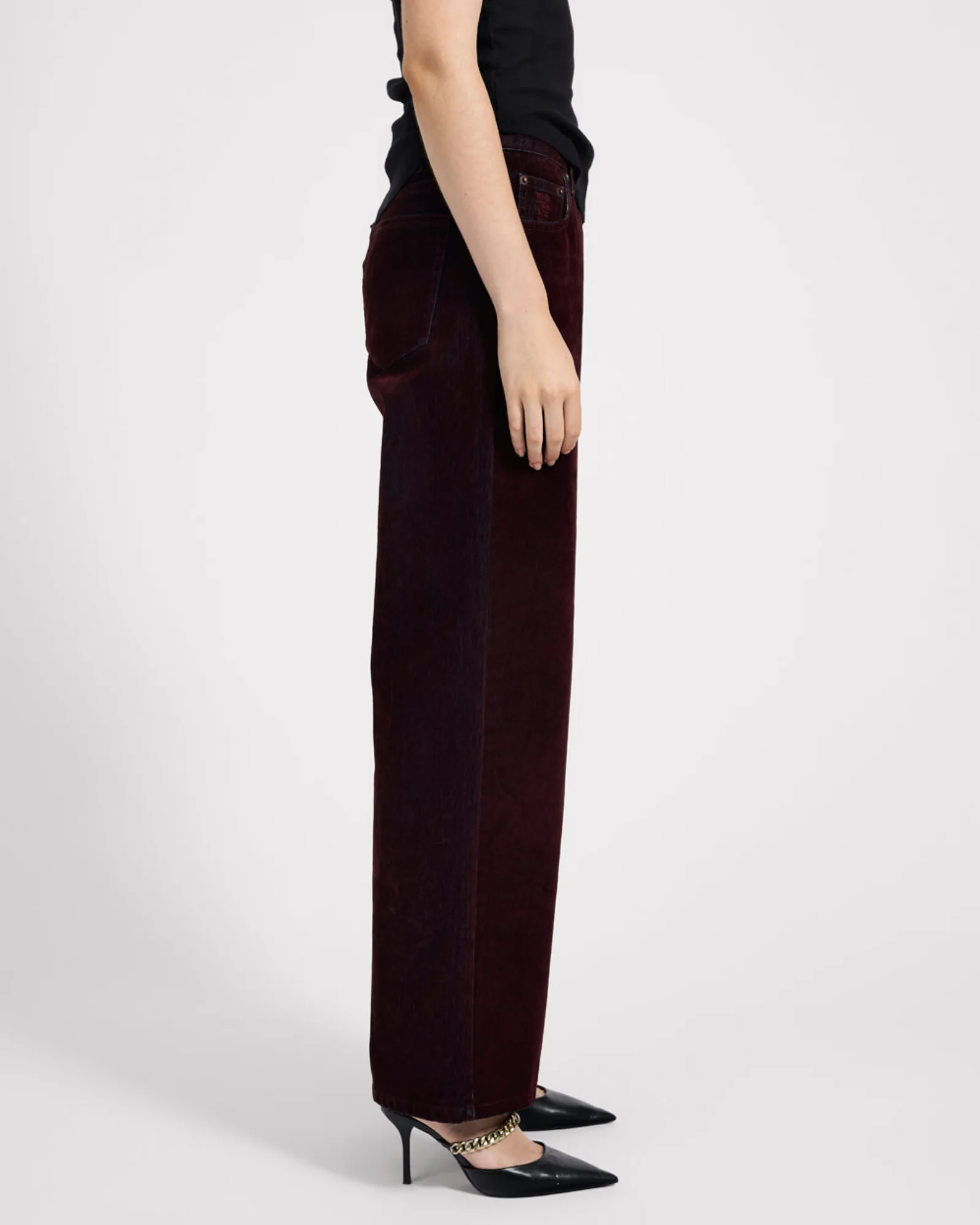 Jackson Mid Waist Wide Leg Velvet Finish Denim Jeans - Flocked Maroon - Image 6