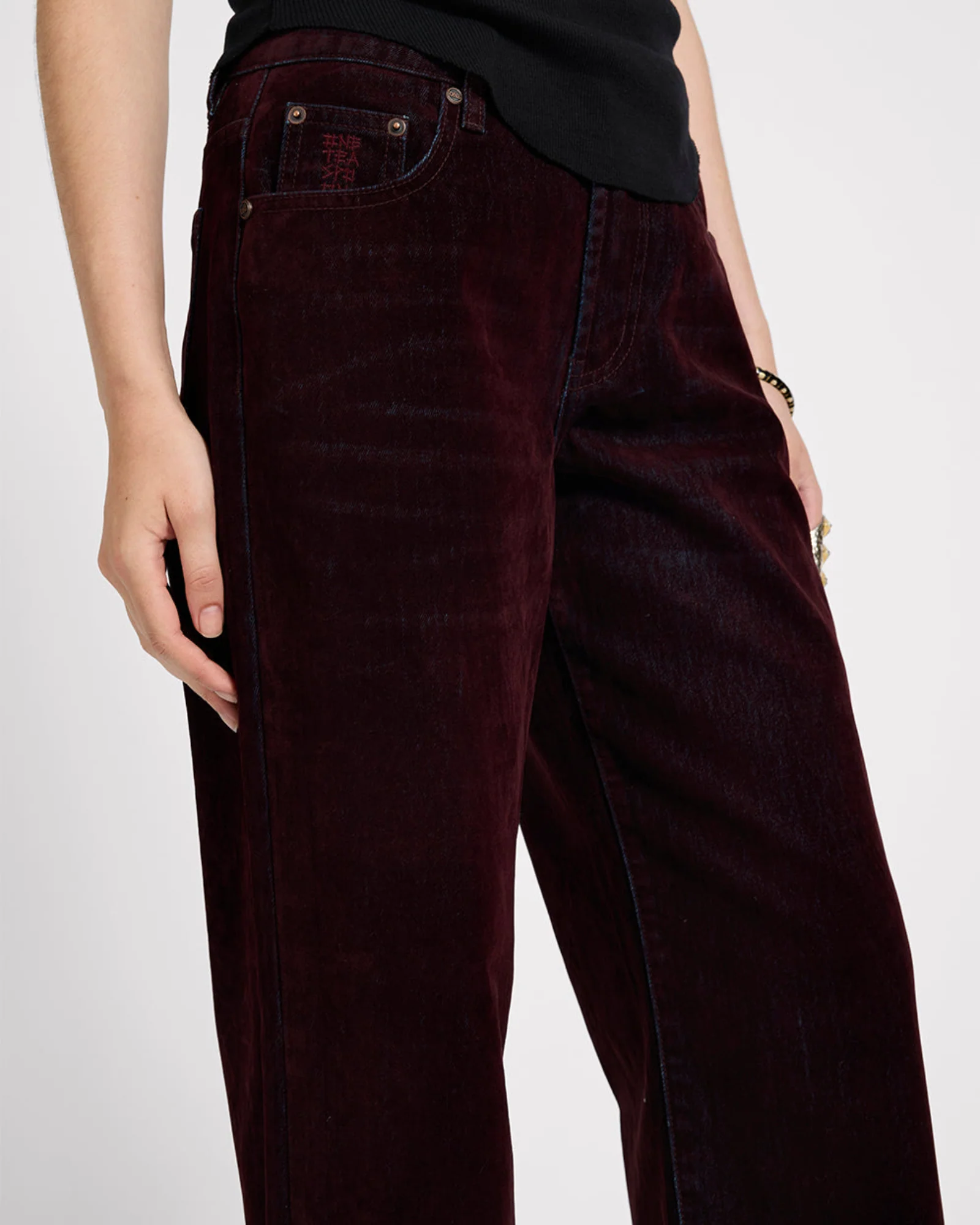 Jackson Mid Waist Wide Leg Velvet Finish Denim Jeans - Flocked Maroon - Image 7