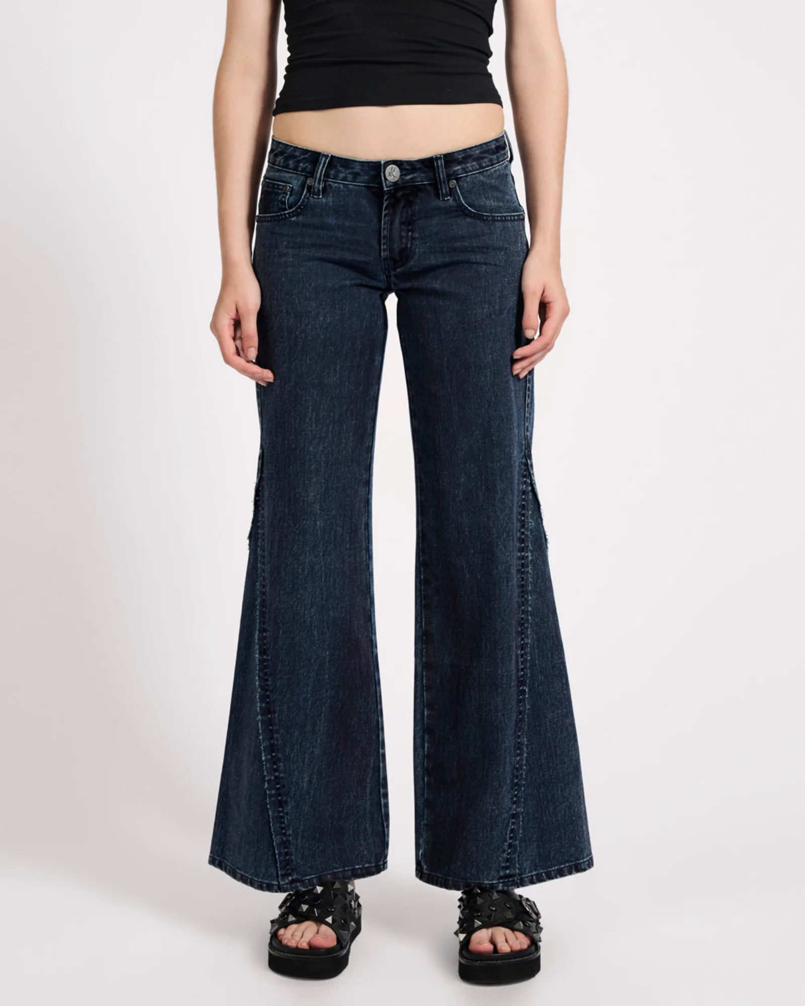 Johnnies Low Waist Wide Leg Flared Denim Jeans - Indigo Blue - Image 3