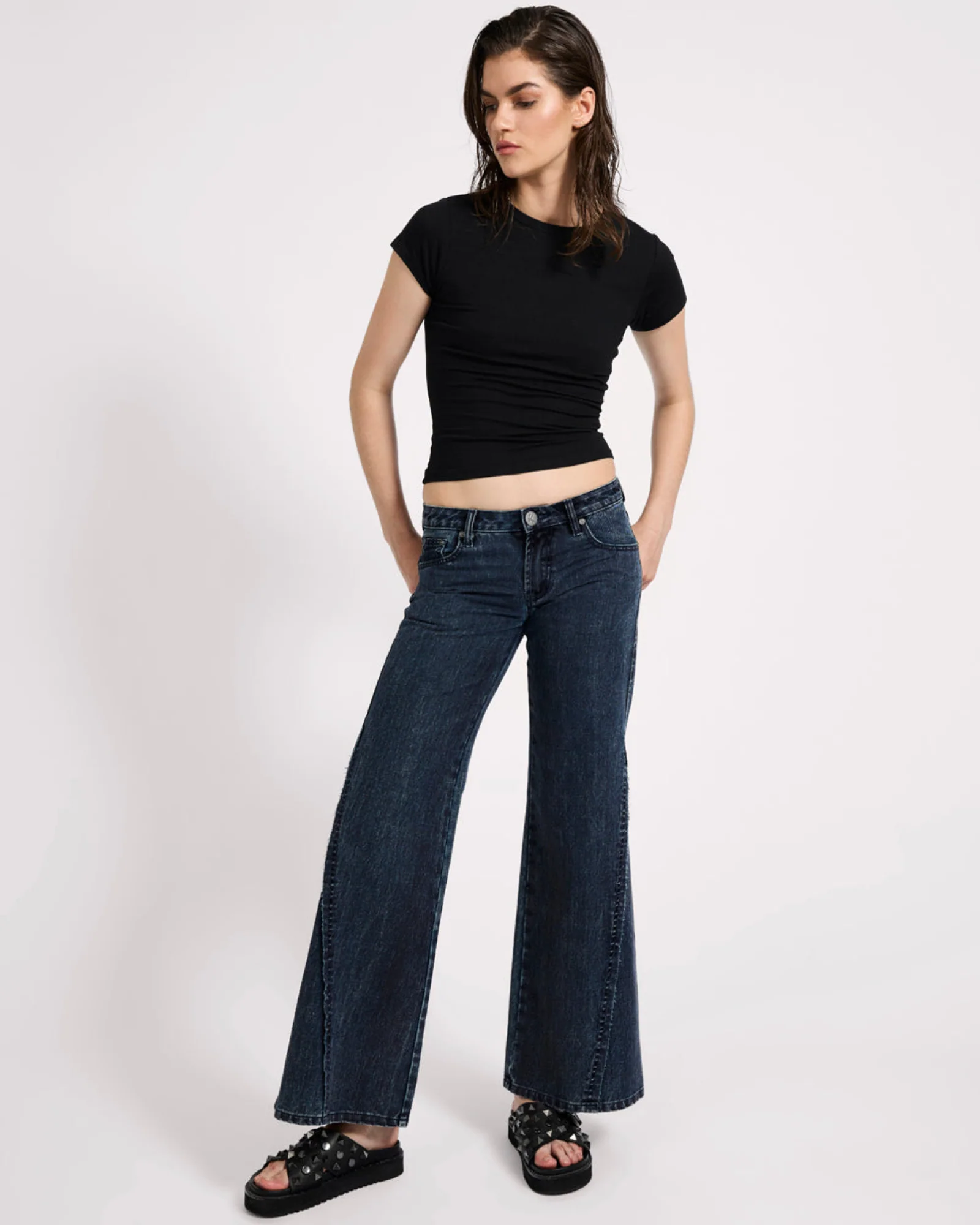 Johnnies Low Waist Wide Leg Flared Denim Jeans - Indigo Blue - Image 7