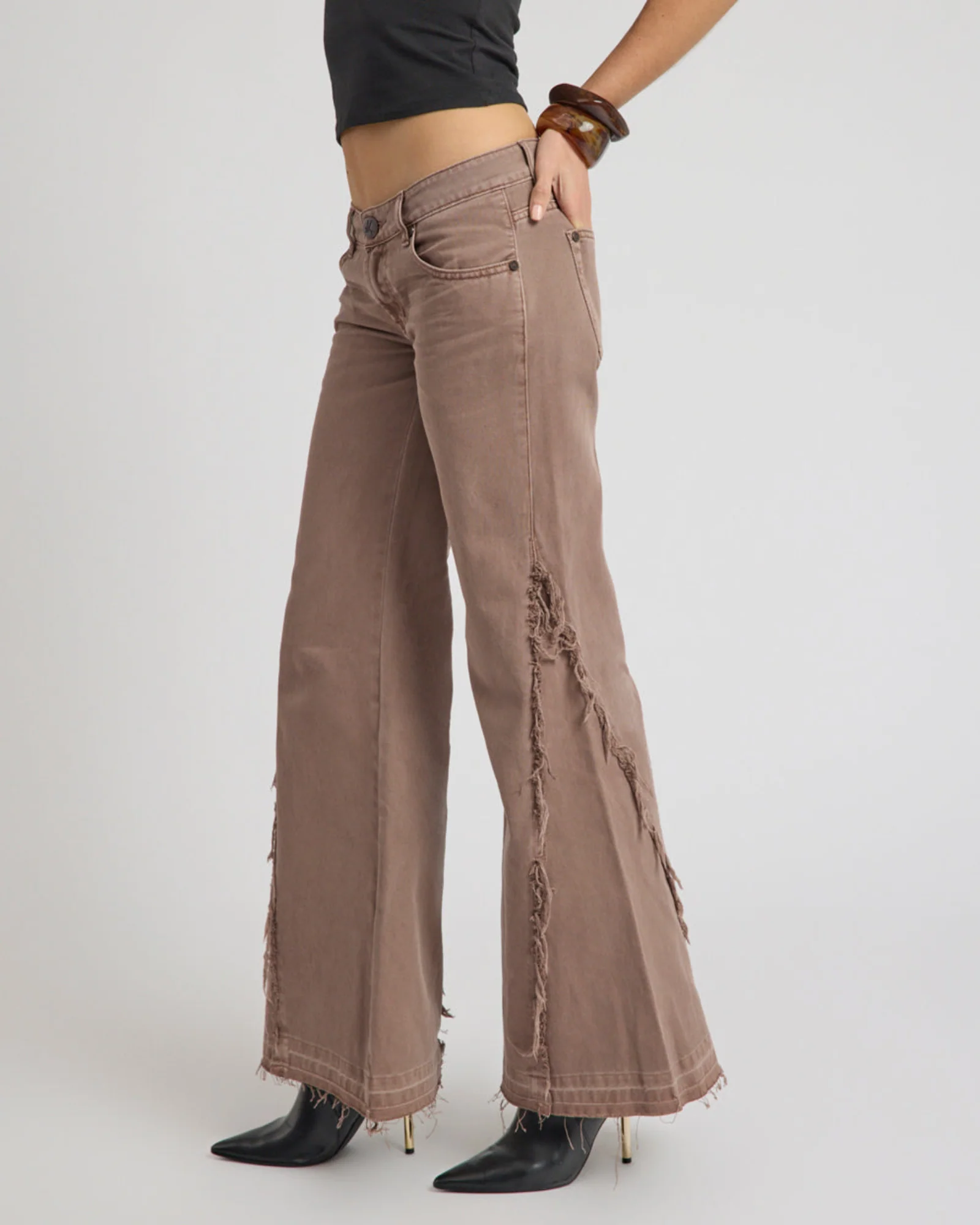 Johnnies Low Waist Wide Leg Flared Denim Jeans - Espresso Brown - Image 10