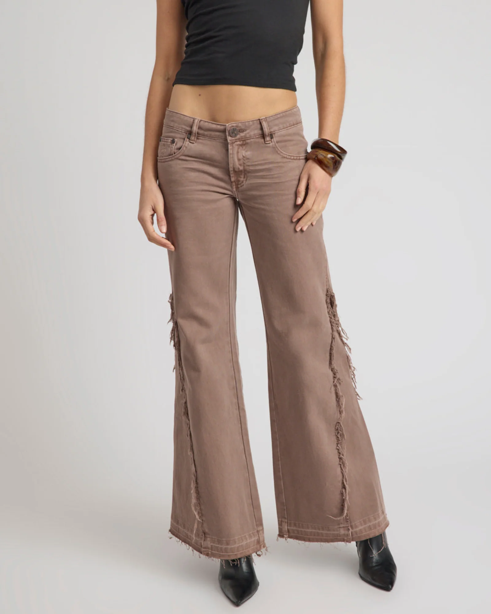 Johnnies Low Waist Wide Leg Flared Denim Jeans - Espresso Brown - Image 3