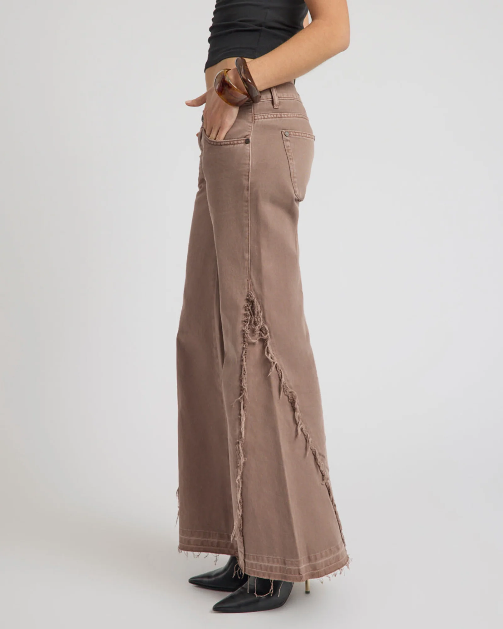 Johnnies Low Waist Wide Leg Flared Denim Jeans - Espresso Brown - Image 4