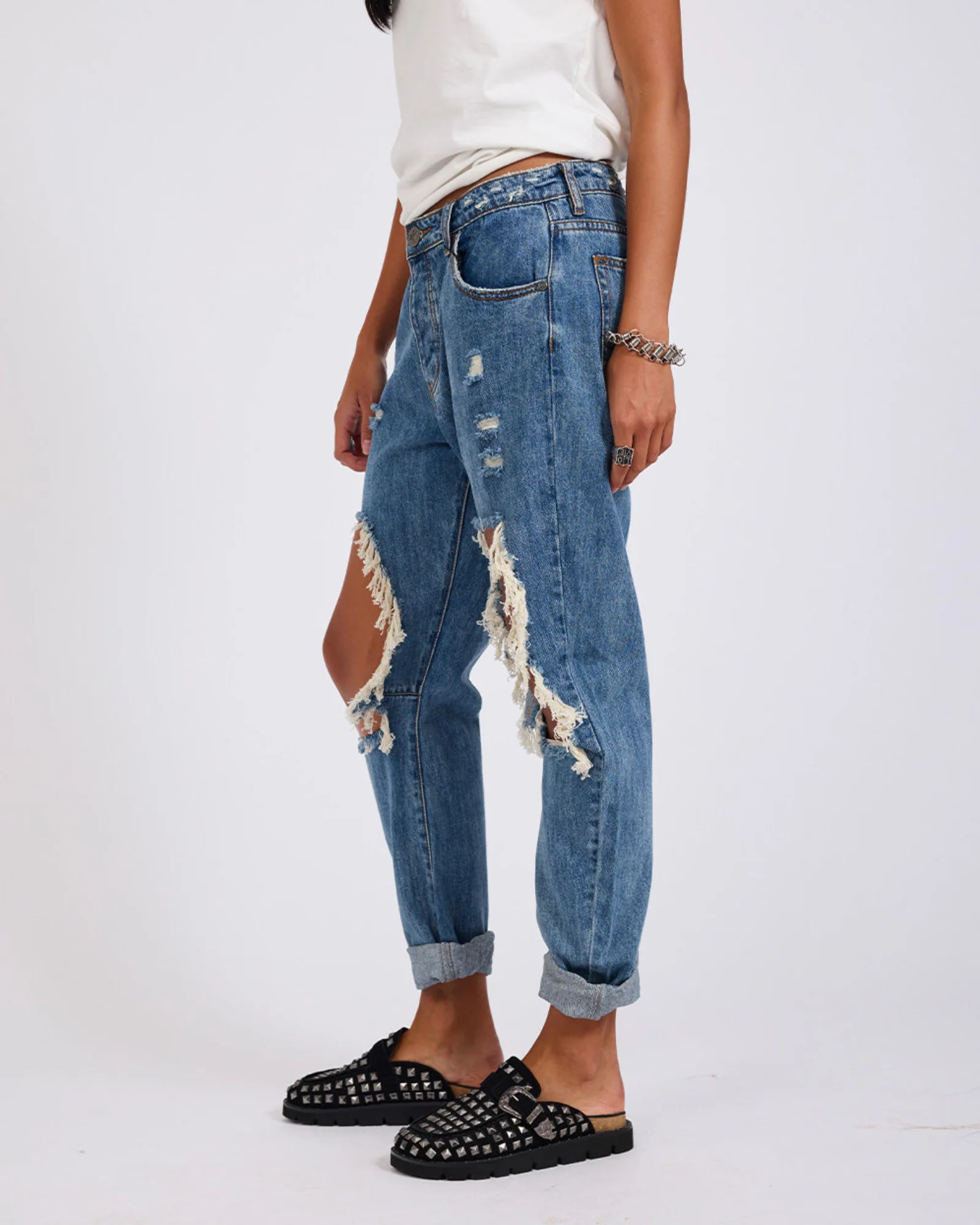 Saints Low Waist Boyfriend Denim Jeans - Johnny Blue - Image 4