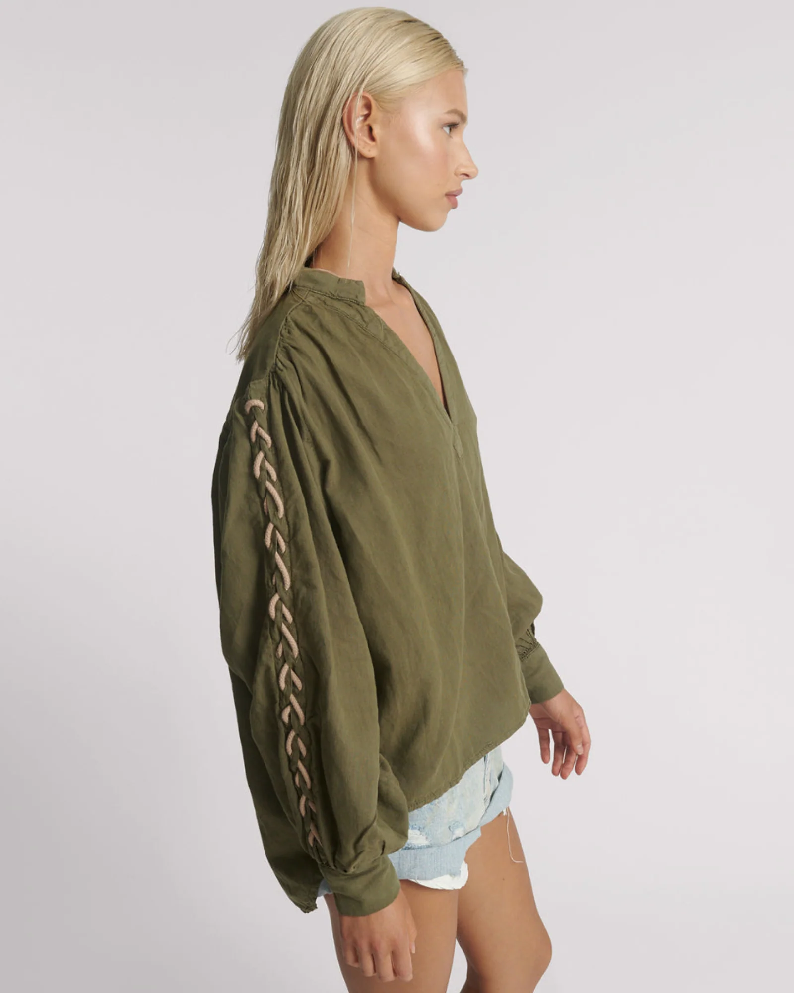 Johnny Linen Lace Up Shirt - Worn Khaki - Image 4