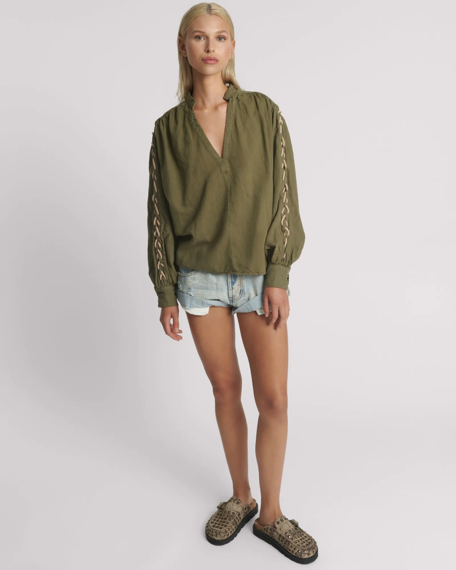 Johnny Linen Lace Up Shirt - Worn Khaki - Image 5
