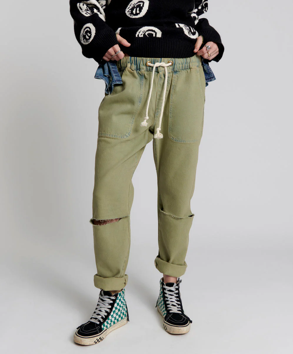 Shabbies Low Waist Drawstring Boyfriend Denim Jeans - Khaki Haze - Image 2
