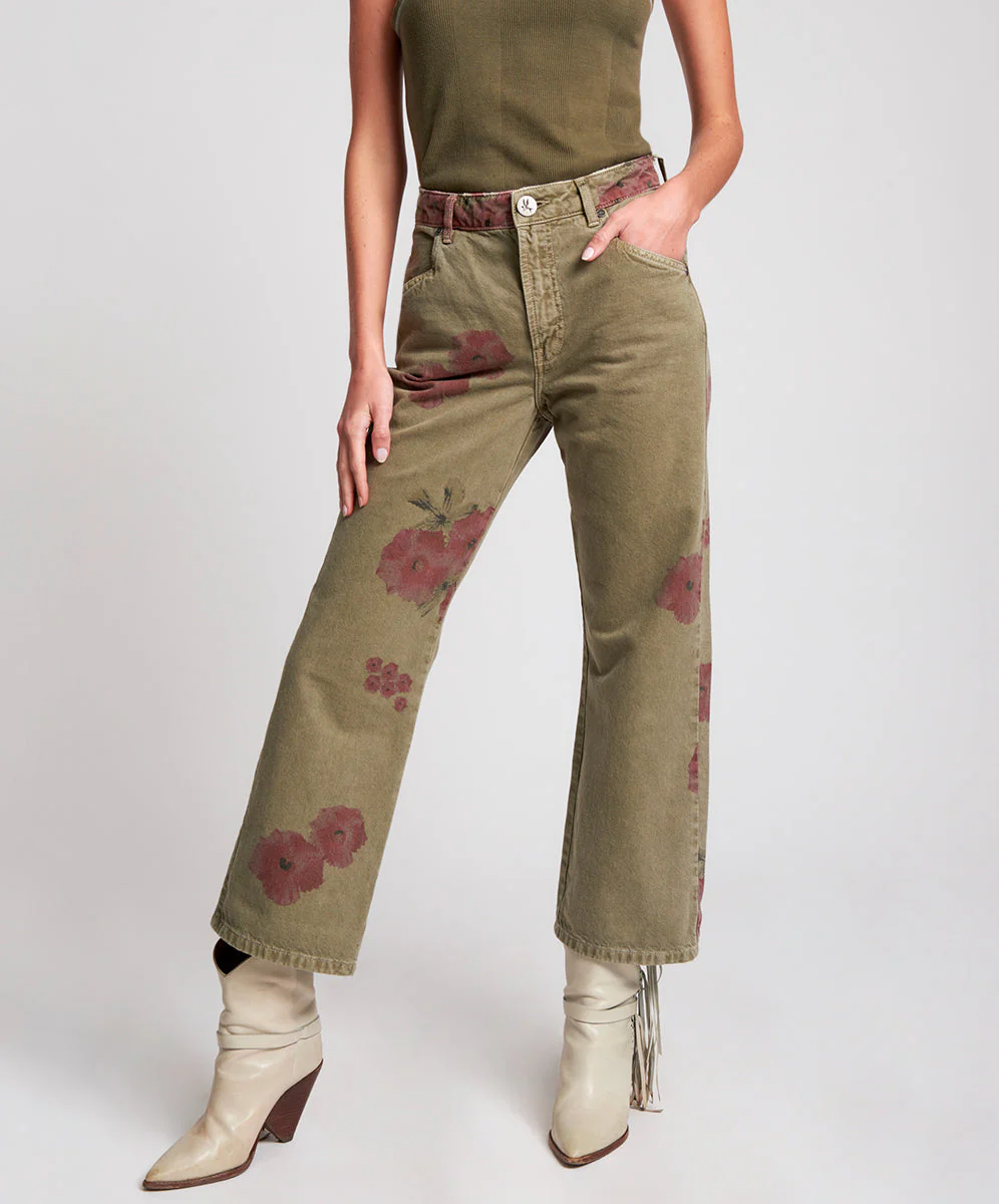 Libertines High Waist Cropped Wide Leg Denim Jeans - Khaki Hibiscus - Image 2