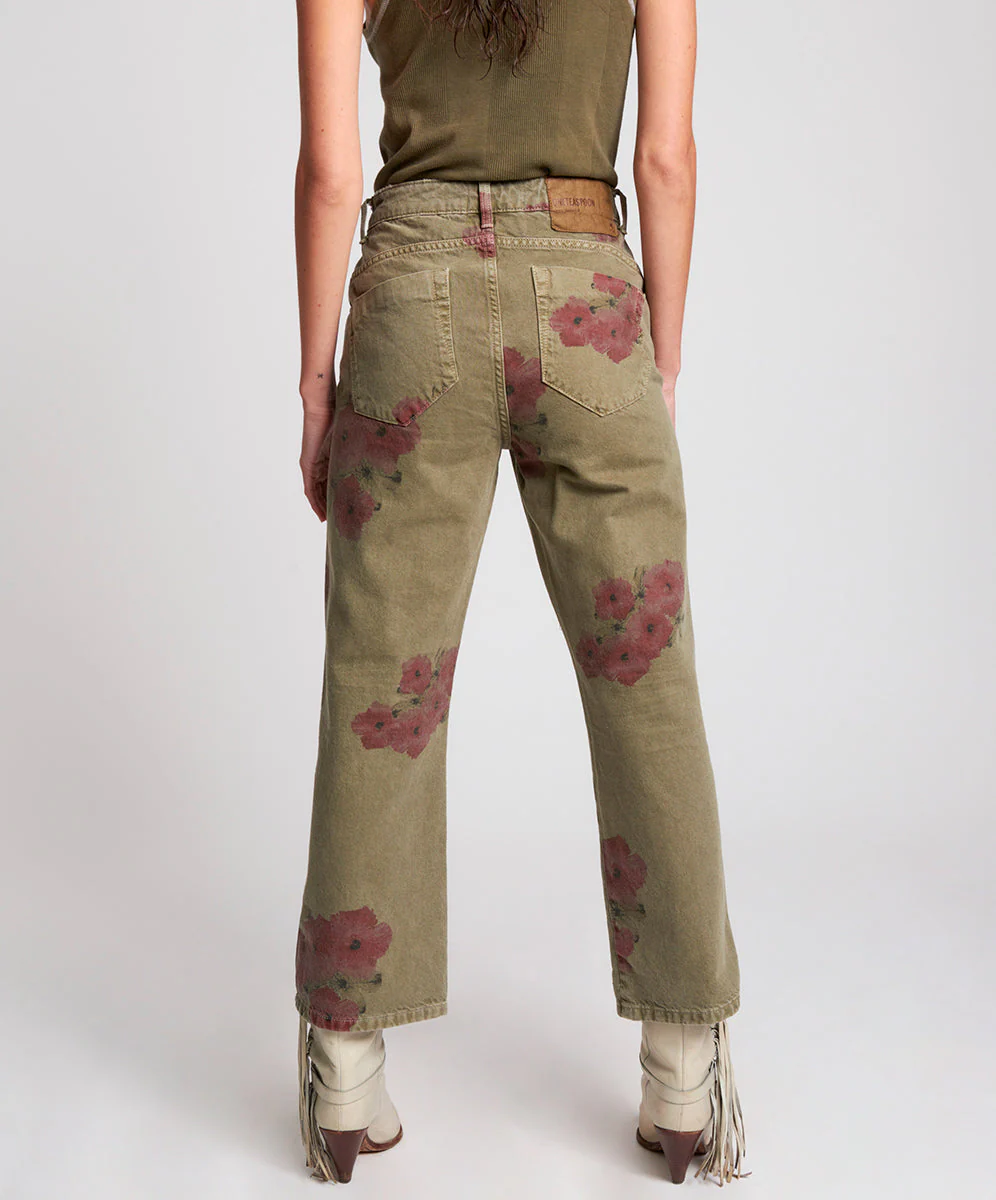 Libertines High Waist Cropped Wide Leg Denim Jeans - Khaki Hibiscus - Image 3