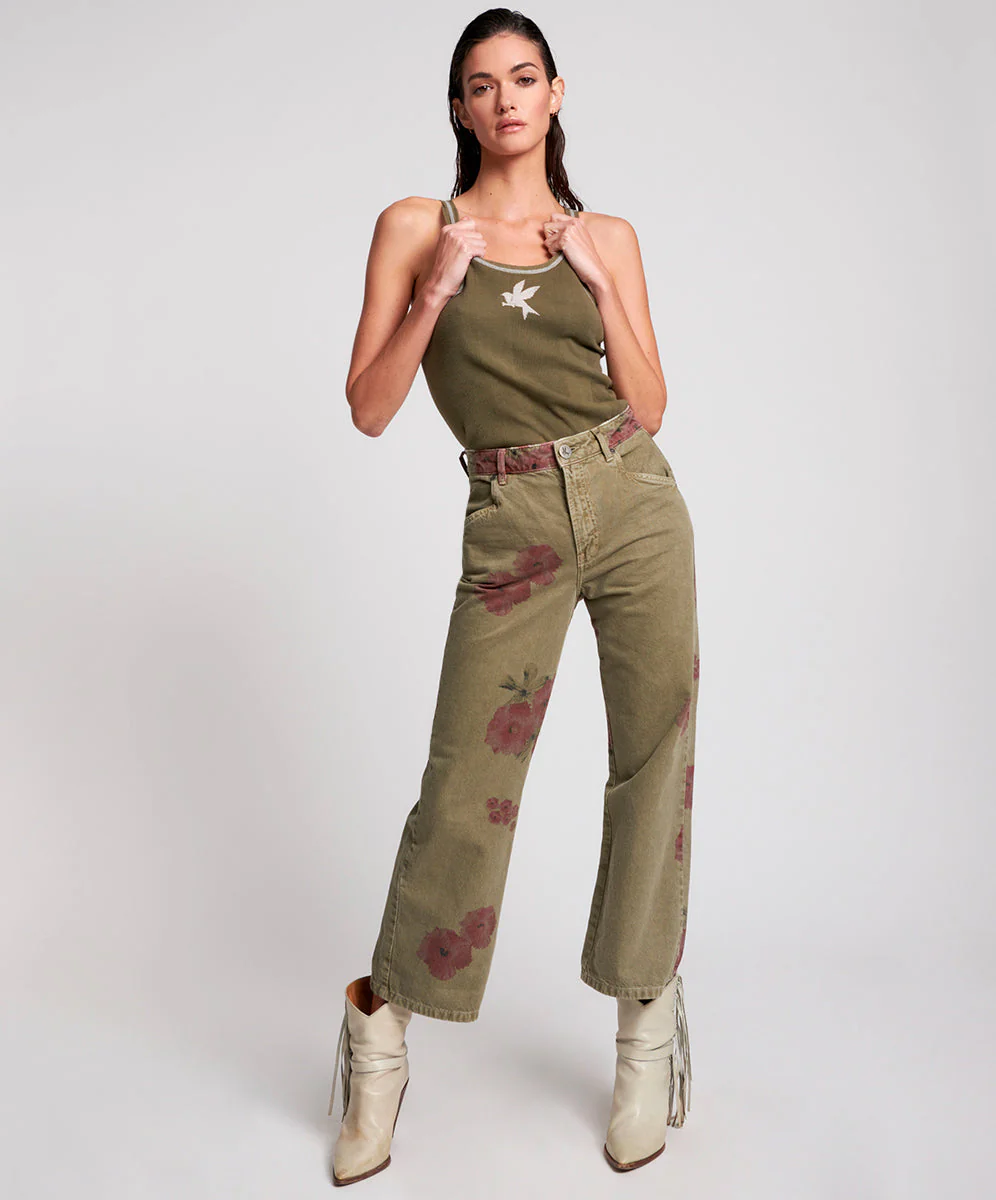 Libertines High Waist Cropped Wide Leg Denim Jeans - Khaki Hibiscus - Image 4