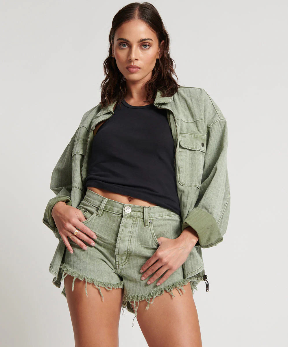 Outlaws Mid Waist Mid Length Denim Shorts - Khaki