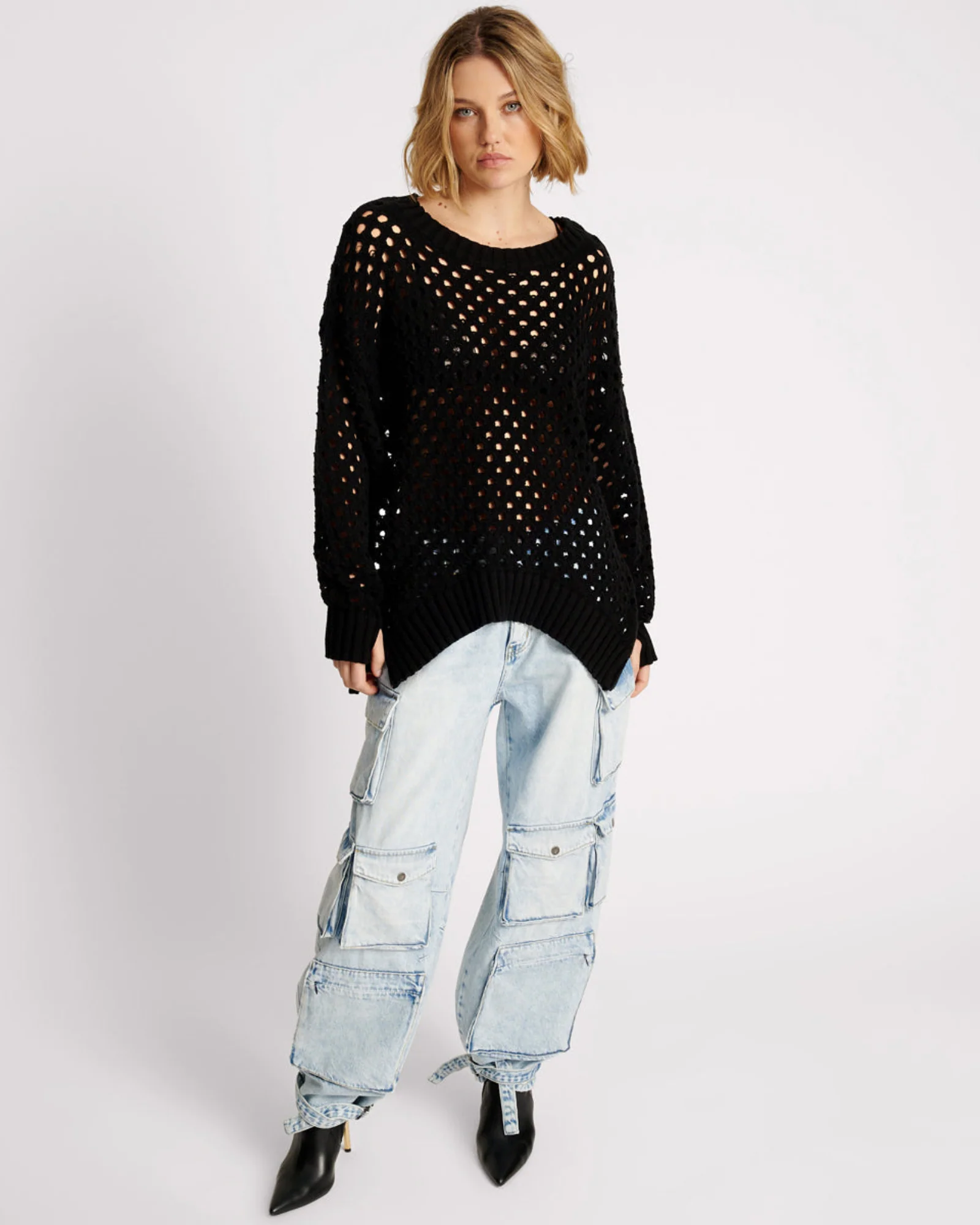 Knitted Fishnet Zip Side Sweater - Black - Image 2