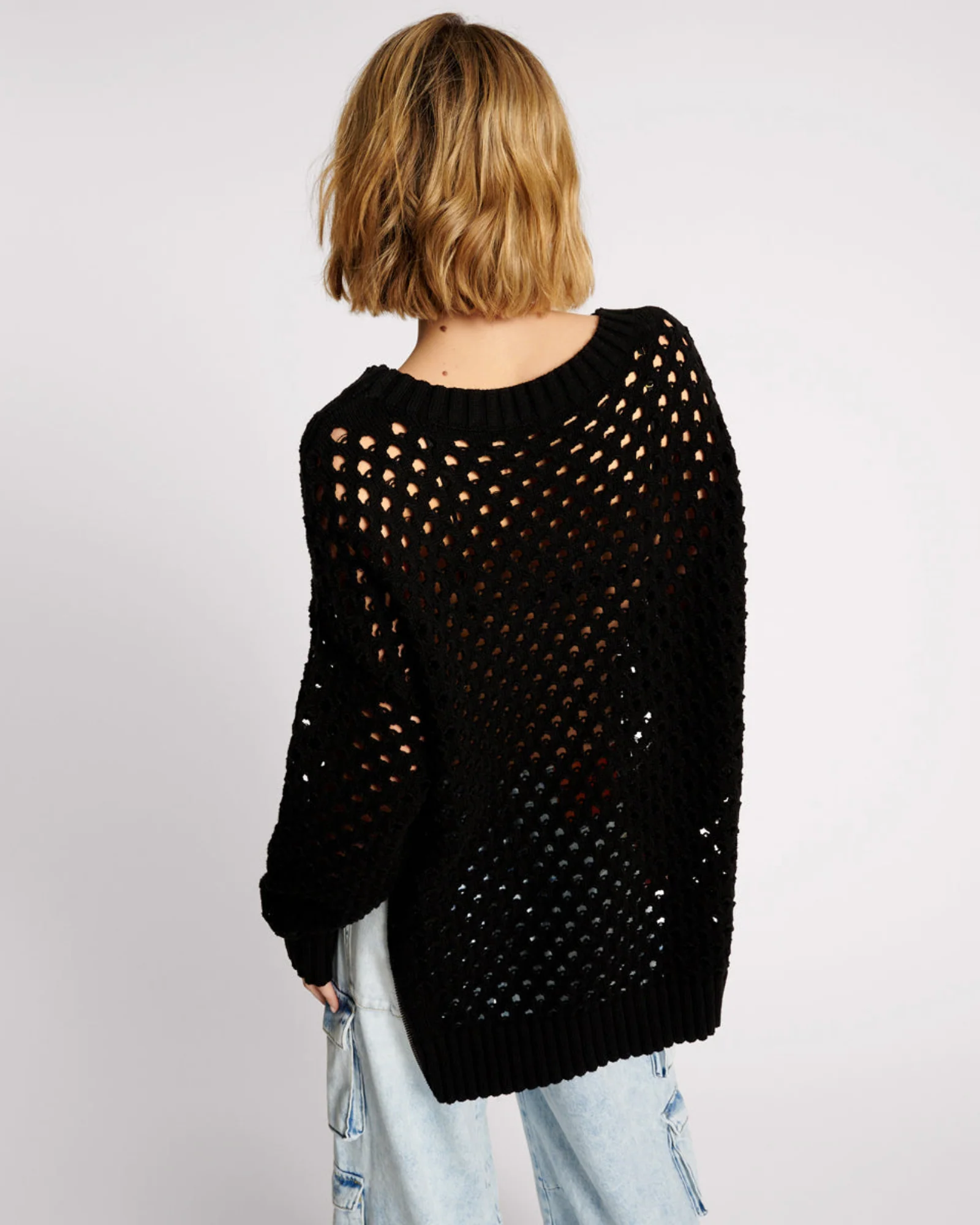Knitted Fishnet Zip Side Sweater - Black - Image 4