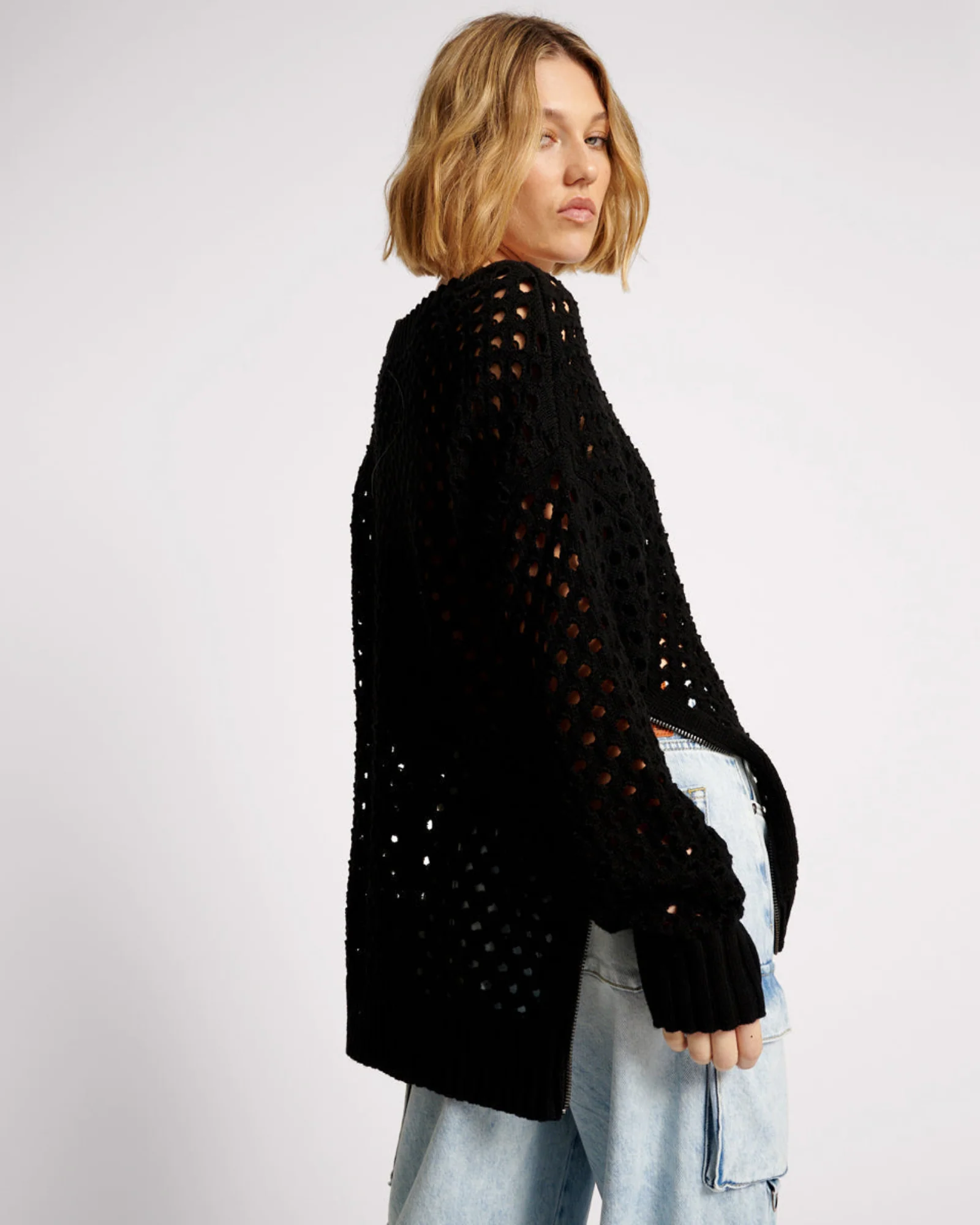 Knitted Fishnet Zip Side Sweater - Black - Image 5