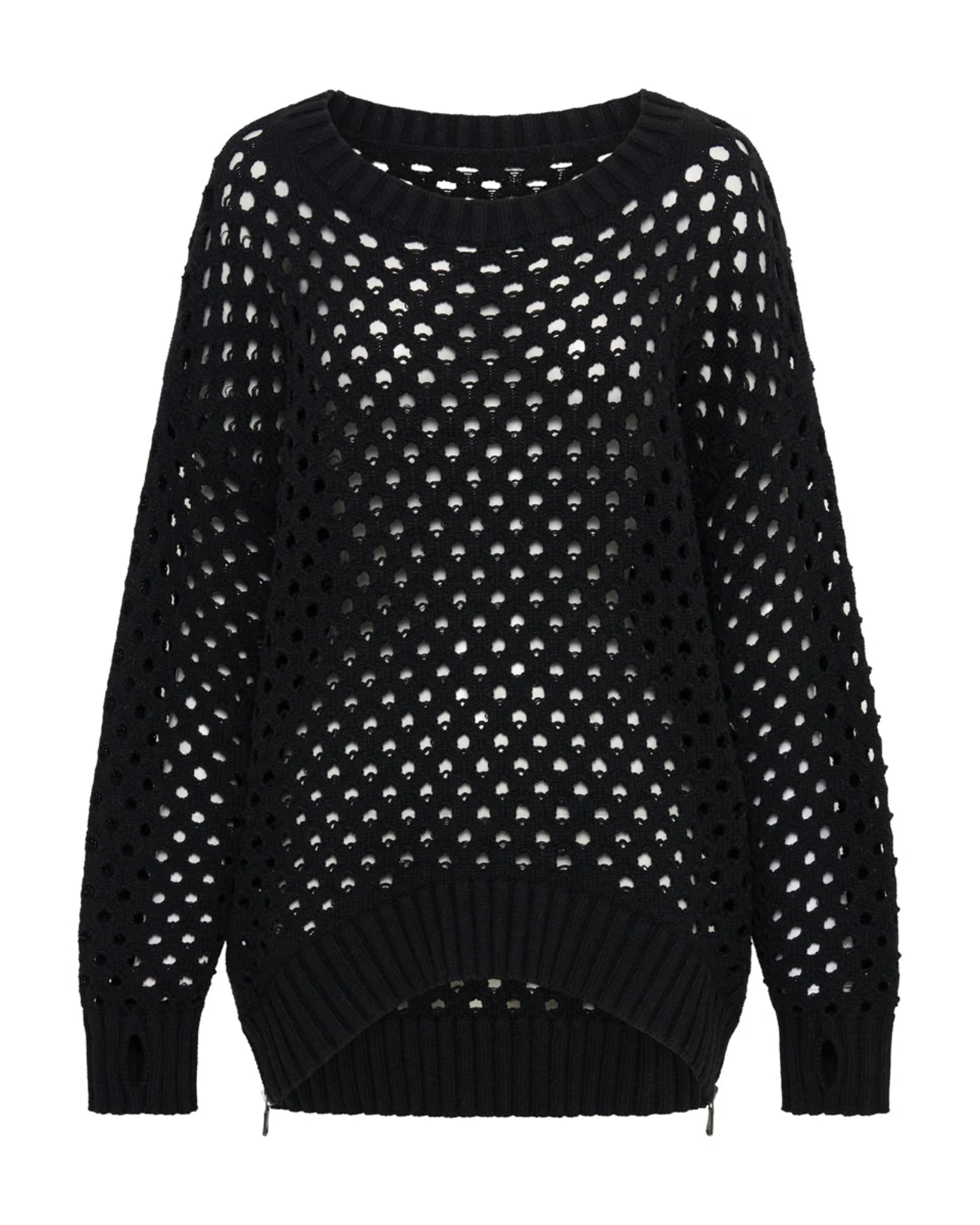 Knitted Fishnet Zip Side Sweater - Black - Image 6