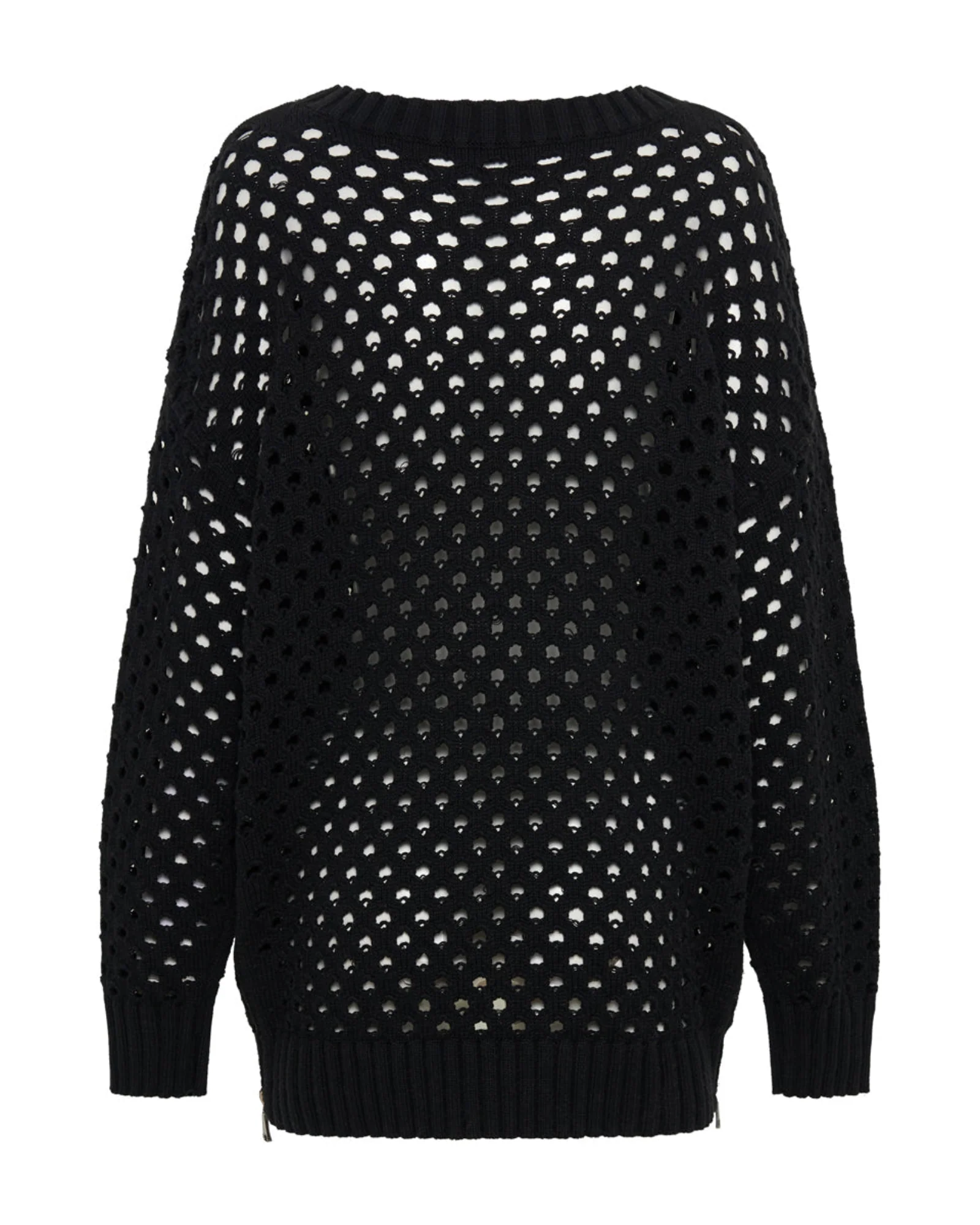Knitted Fishnet Zip Side Sweater - Black - Image 7