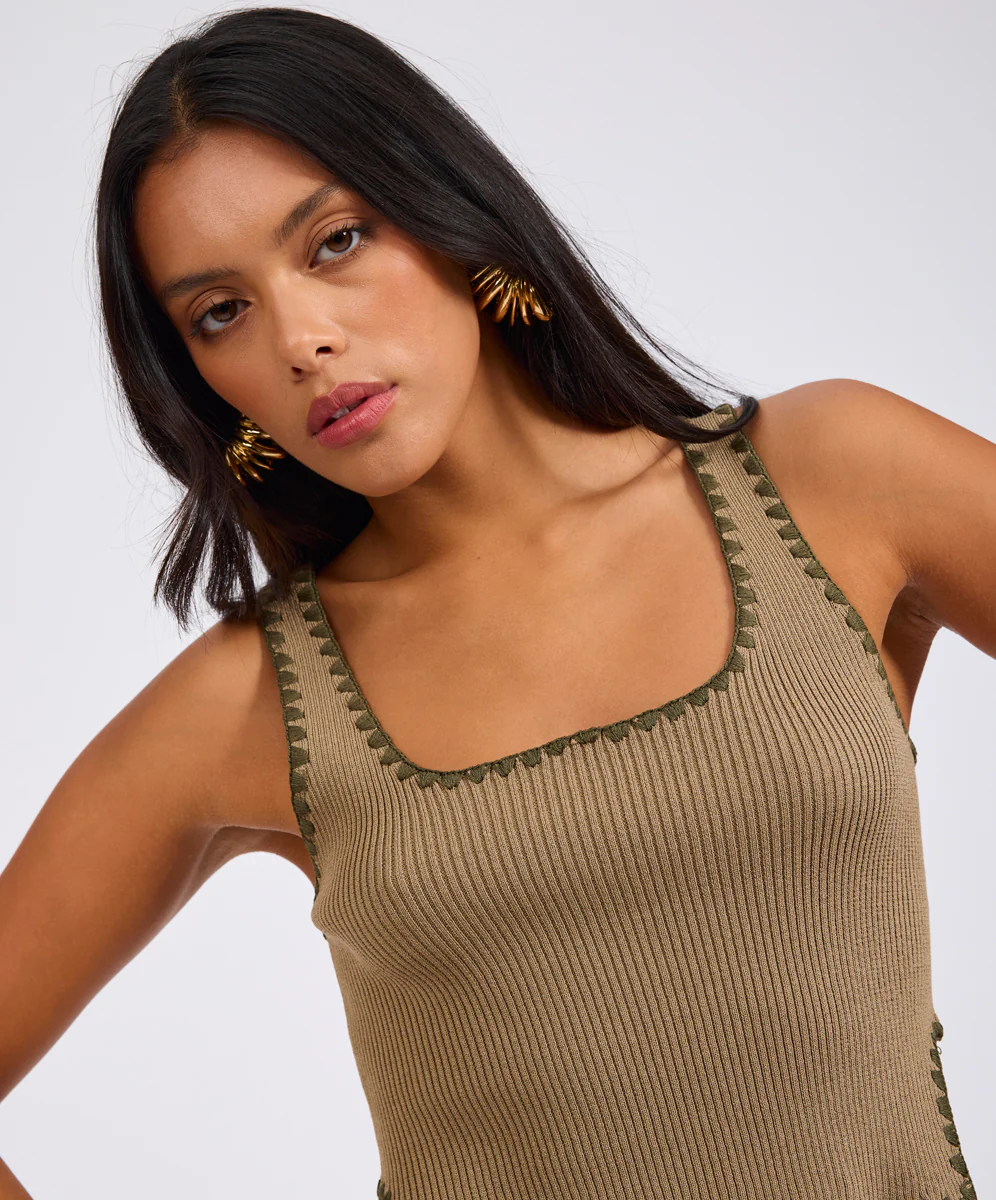 Knitted Scallop Tank Top - Khaki - Image 7