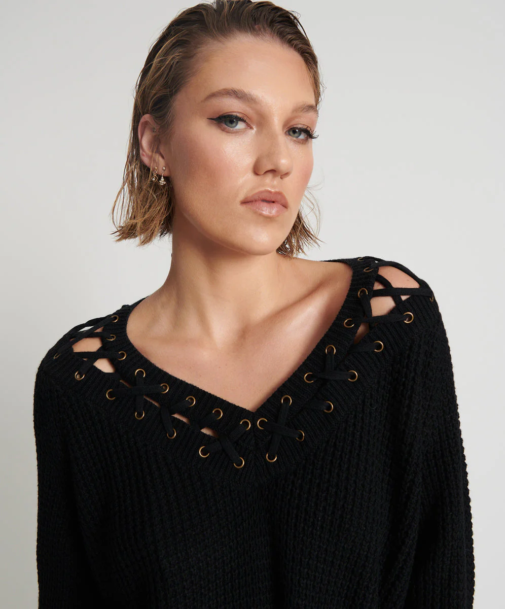 Laced Up Knit Sweater - Black