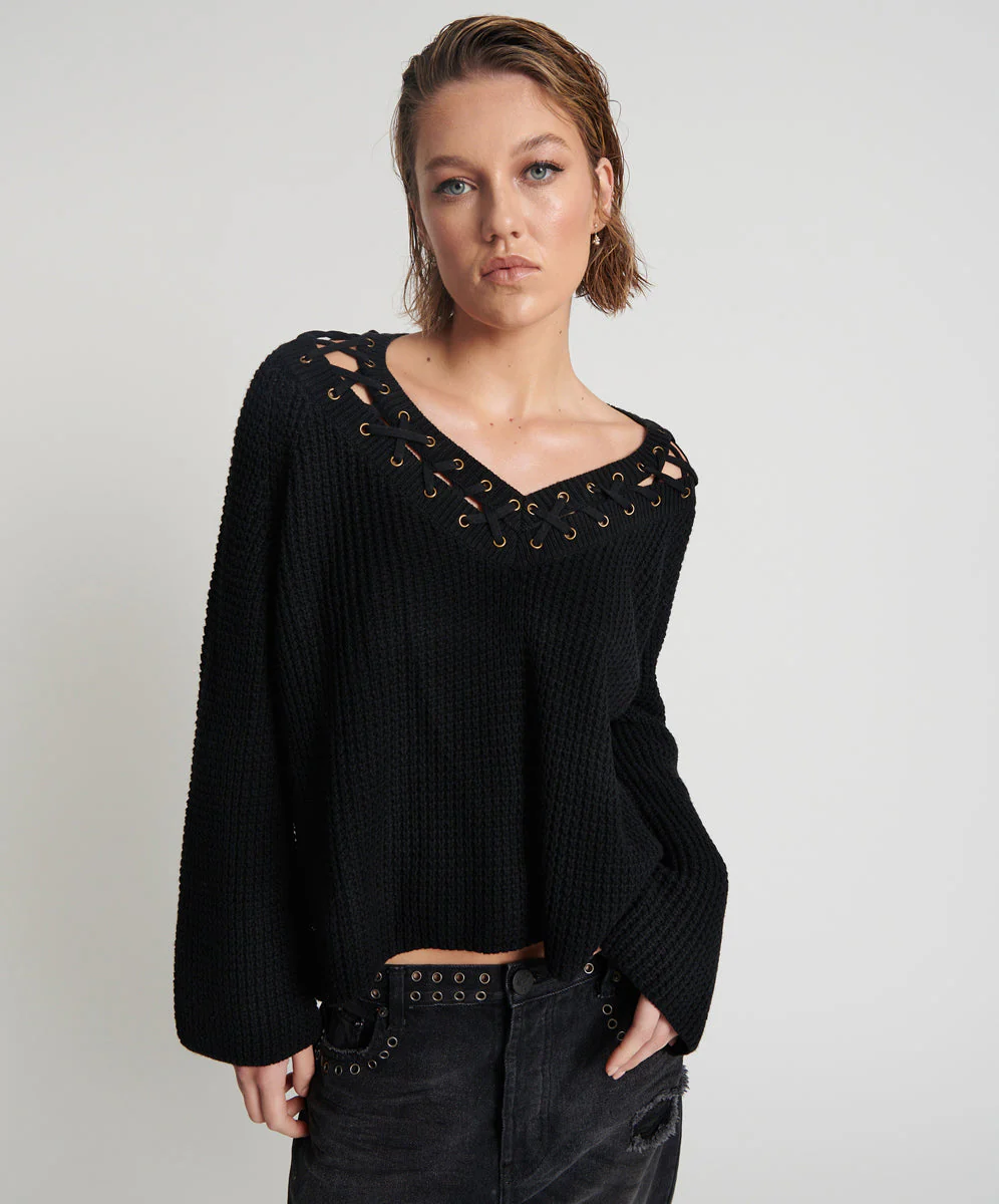 Laced Up Knit Sweater - Black - Image 2