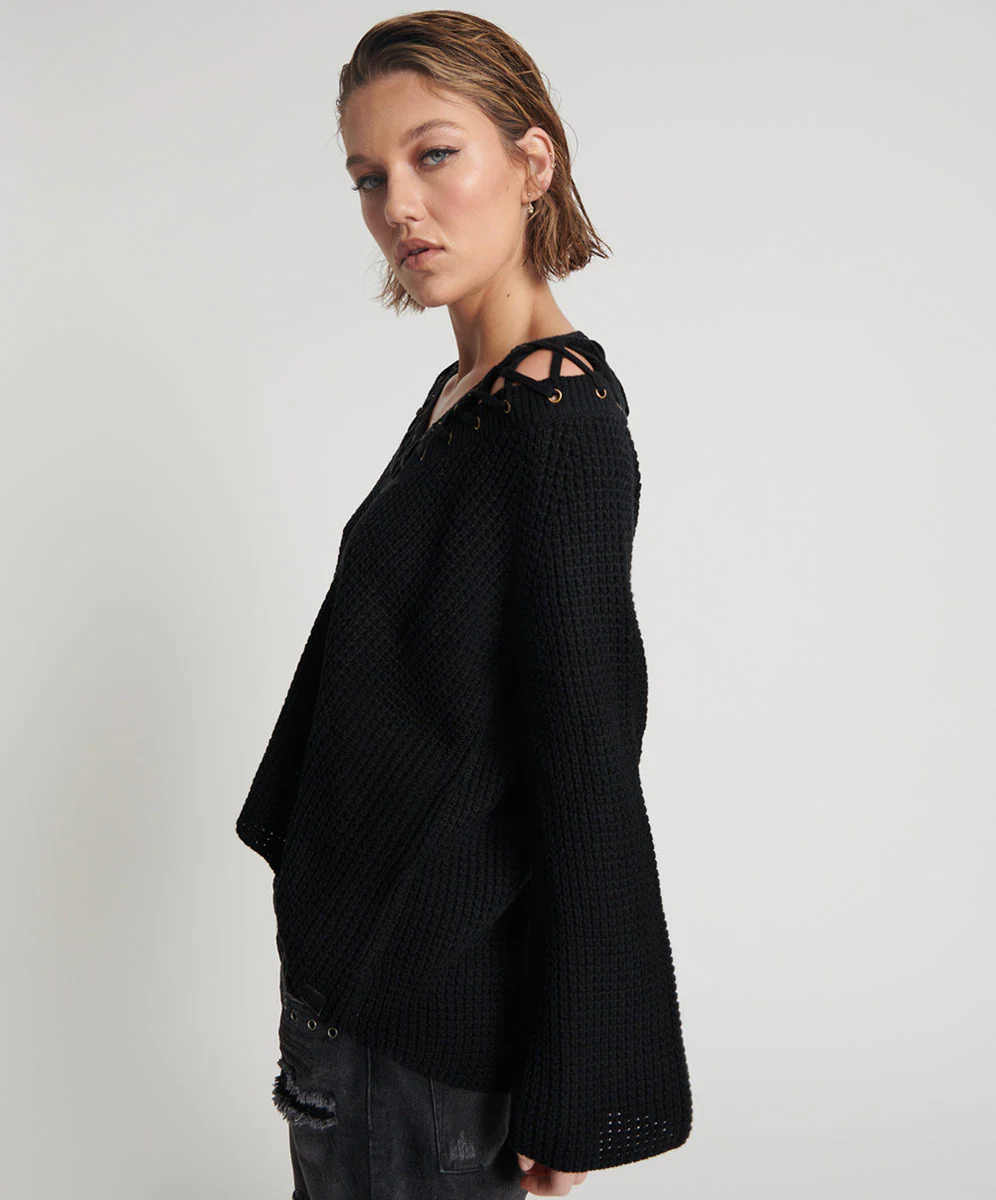 Laced Up Knit Sweater - Black - Image 3