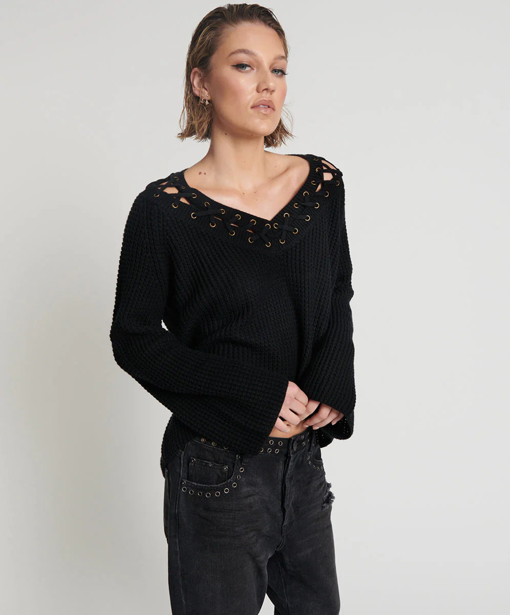 Laced Up Knit Sweater - Black - Image 5