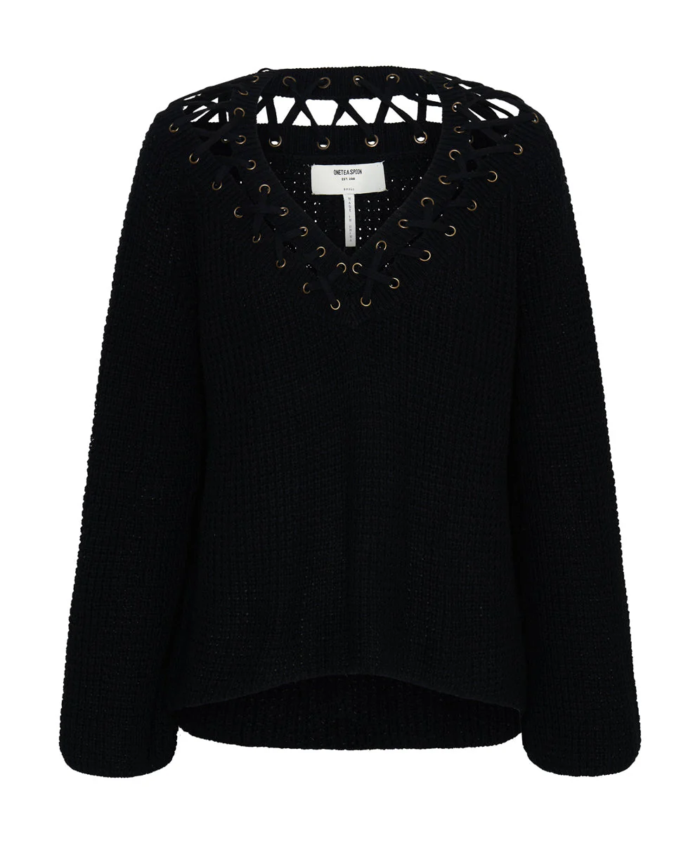 Laced Up Knit Sweater - Black - Image 6
