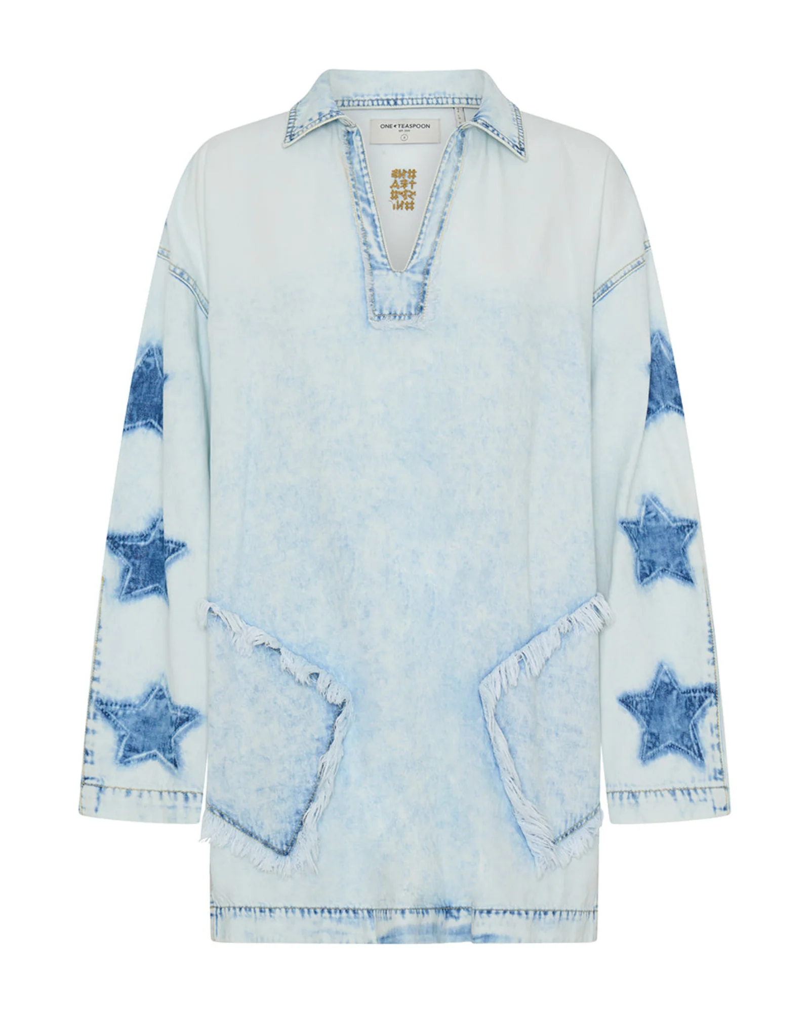 Le Captain Star Pullover Denim Mini Shirt Dress - Depeche Blue - Image 10