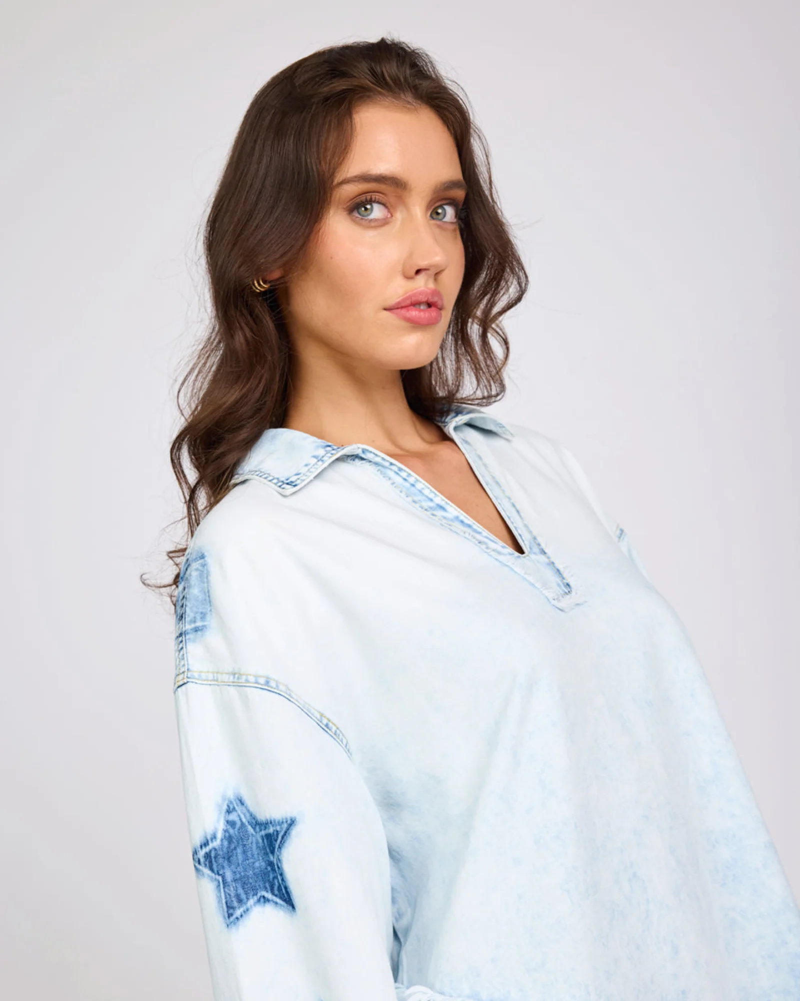 Le Captain Star Pullover Denim Mini Shirt Dress - Depeche Blue - Image 8