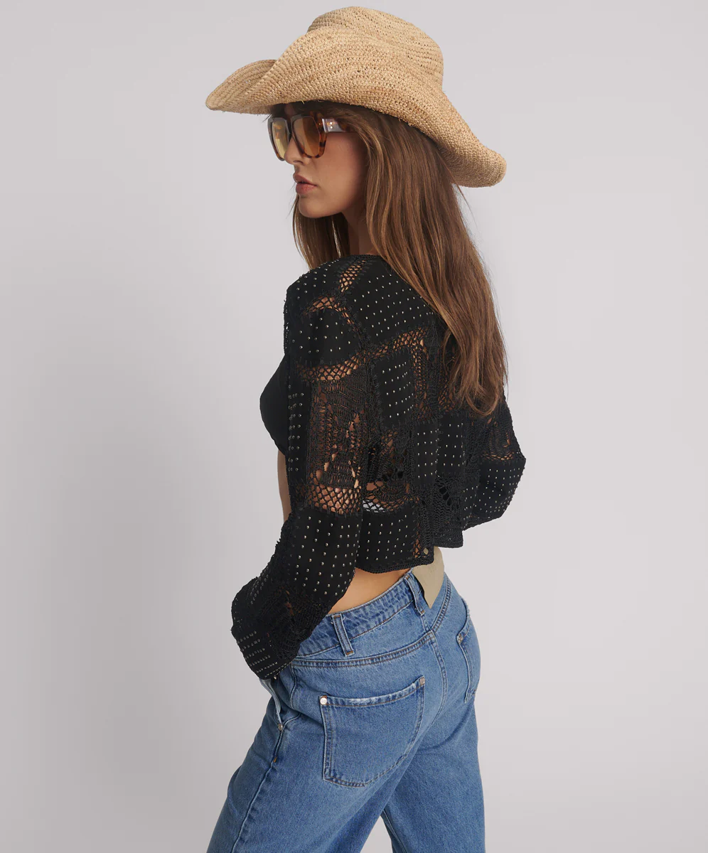 Studded Bolero Cropped Leather Jacket - Black - Image 2