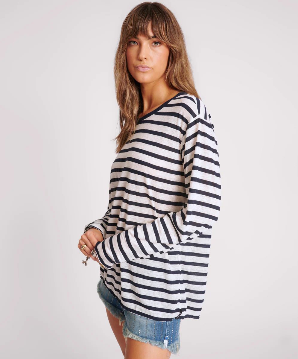Linen Yarn Dye Stripe Longsleeve Boyfriend Tee - Blue White - Image 2