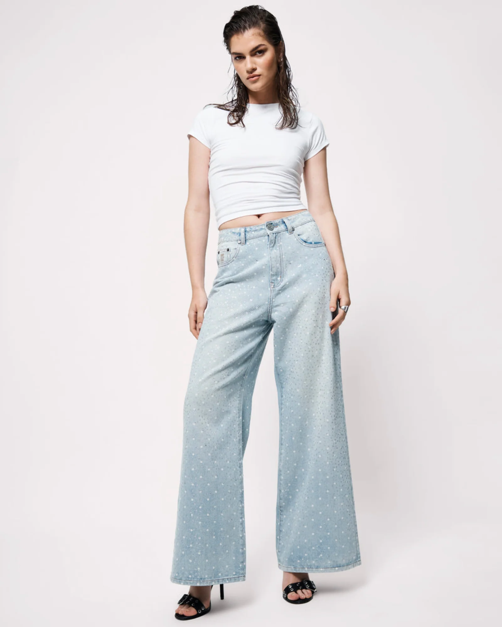 Love Machines Mid Waist Super Wide Leg Denim Jeans - Blue Sparkle - Image 10