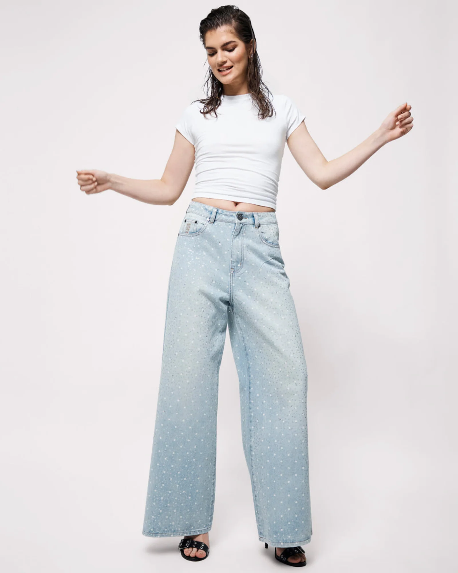 Love Machines Mid Waist Super Wide Leg Denim Jeans - Blue Sparkle - Image 11