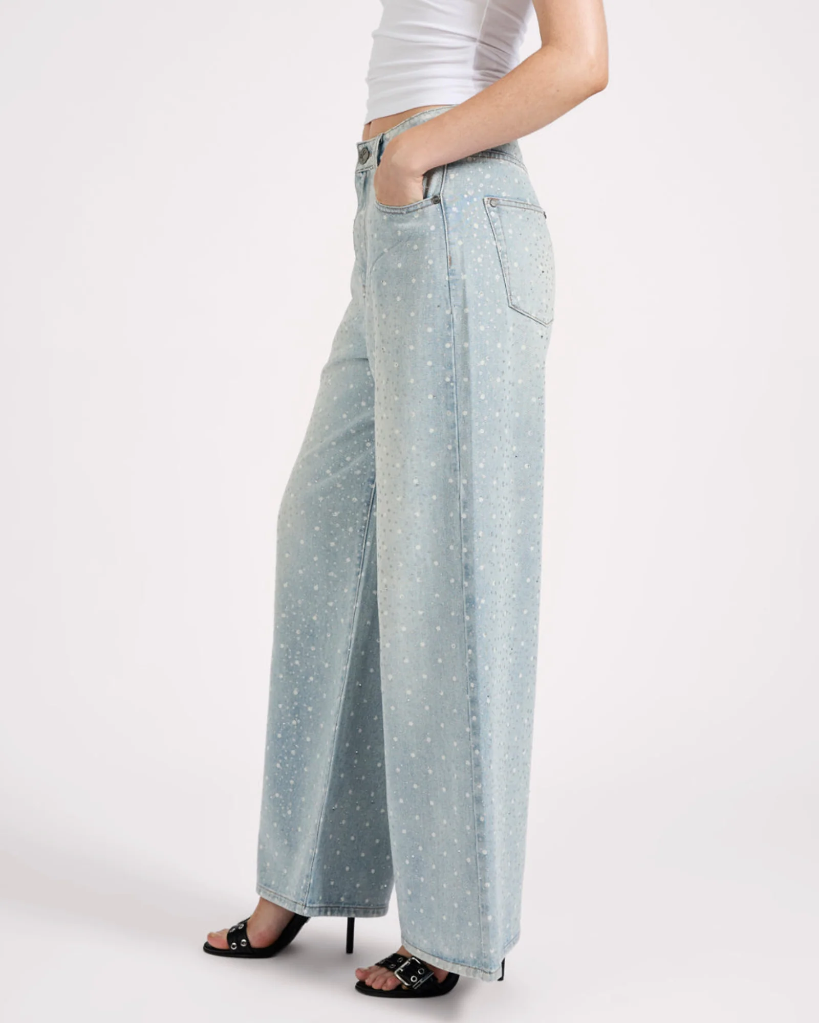 Love Machines Mid Waist Super Wide Leg Denim Jeans - Blue Sparkle - Image 4