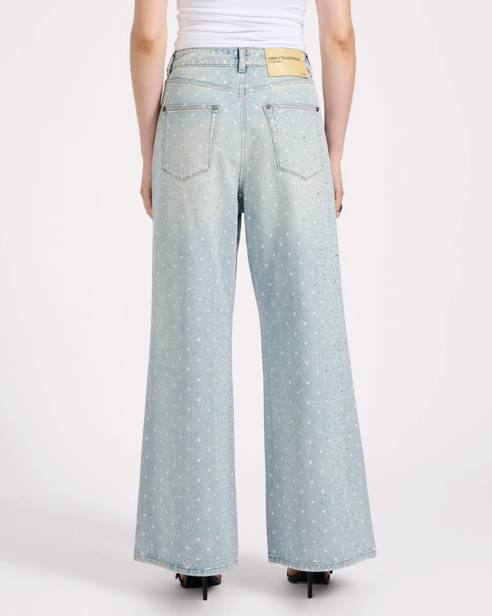 Love Machines Mid Waist Super Wide Leg Denim Jeans - Blue Sparkle - Image 5