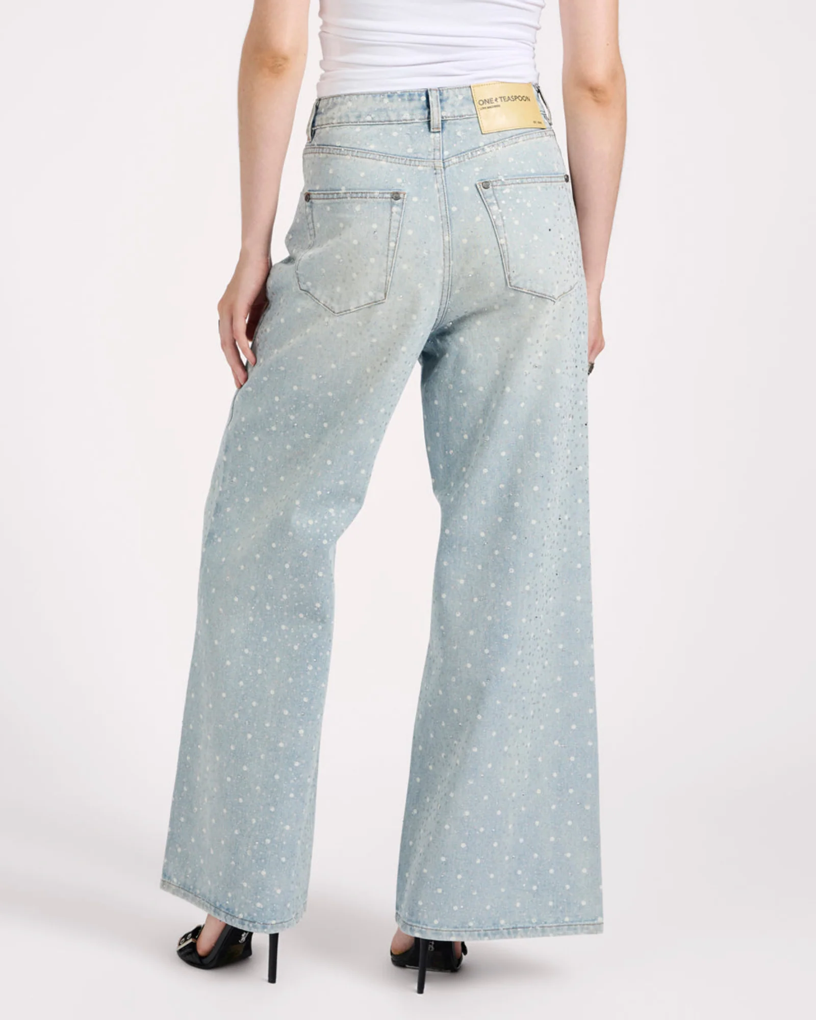 Love Machines Mid Waist Super Wide Leg Denim Jeans - Blue Sparkle - Image 6