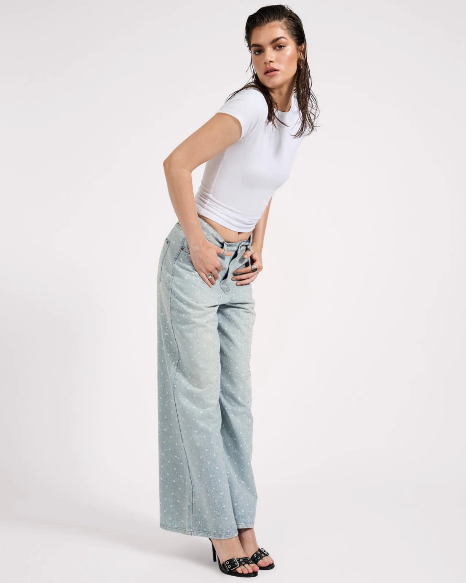 Love Machines Mid Waist Super Wide Leg Denim Jeans - Blue Sparkle - Image 9