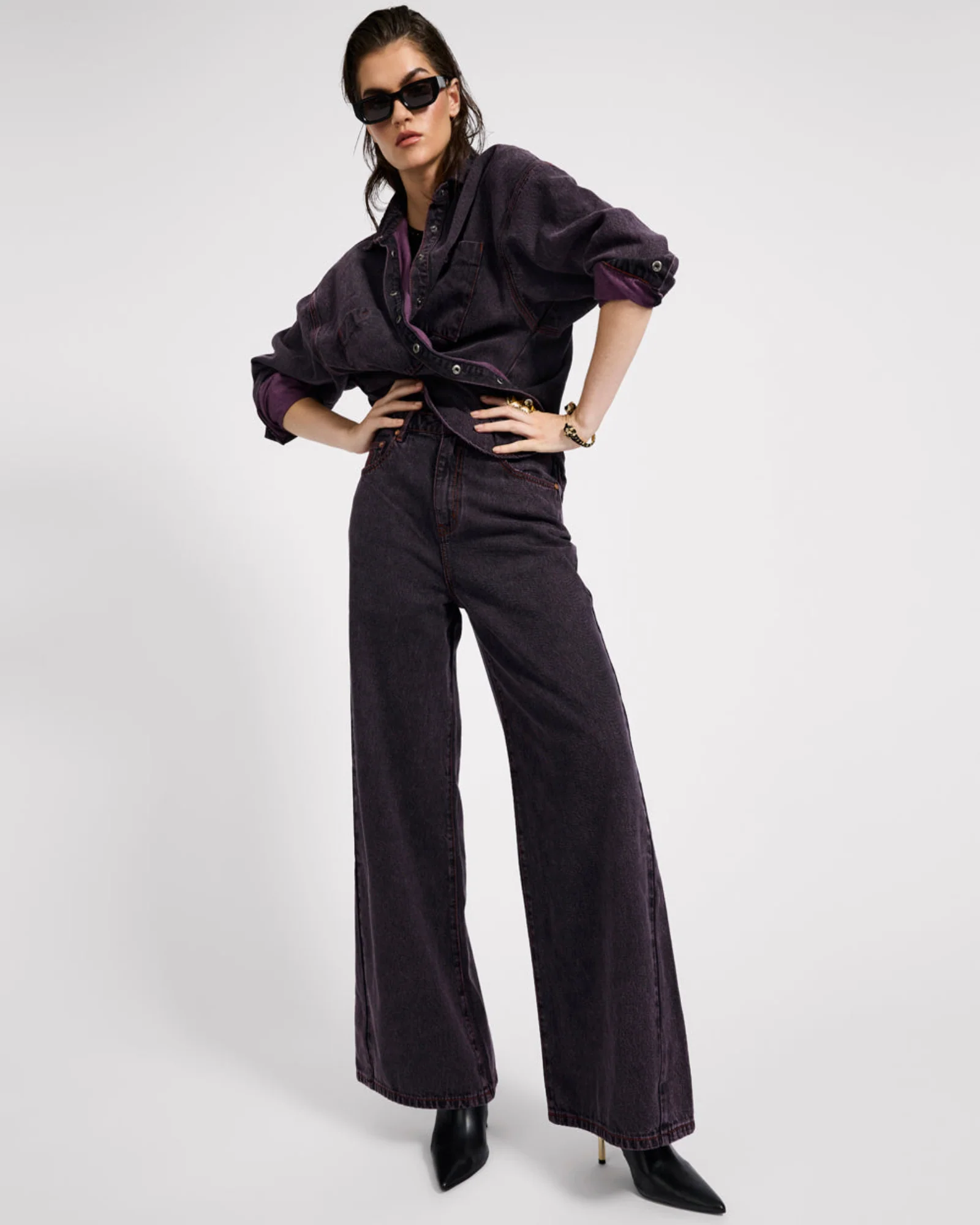 Love Machines Mid Waist Super Wide Leg Denim Jeans - Black Pink - Image 10