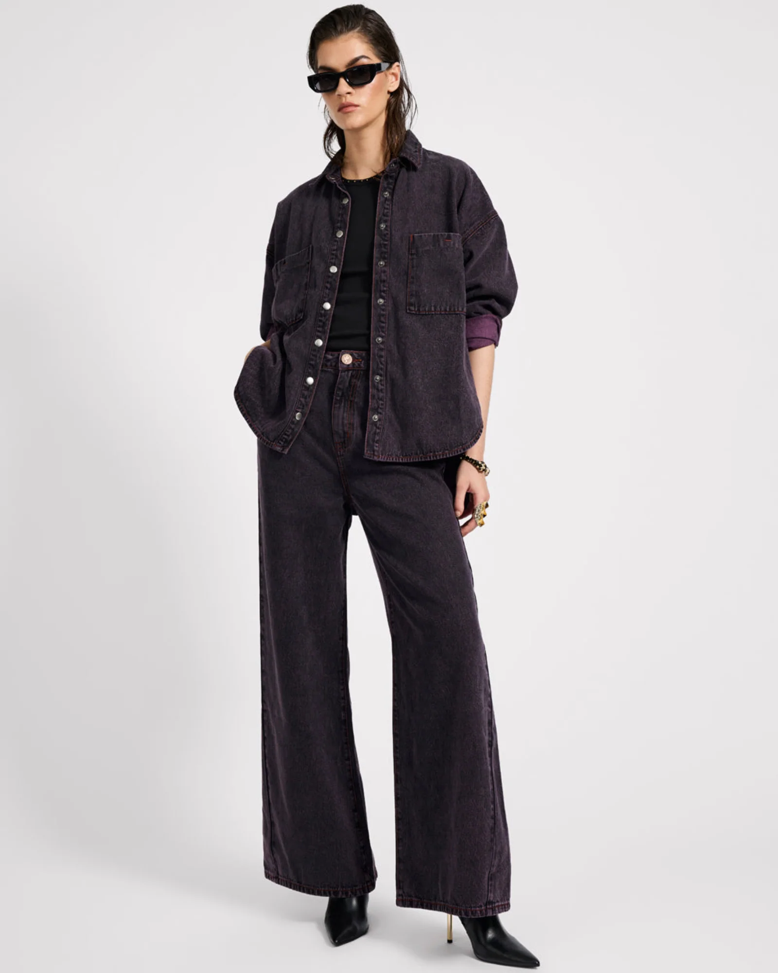 Love Machines Mid Waist Super Wide Leg Denim Jeans - Black Pink - Image 11