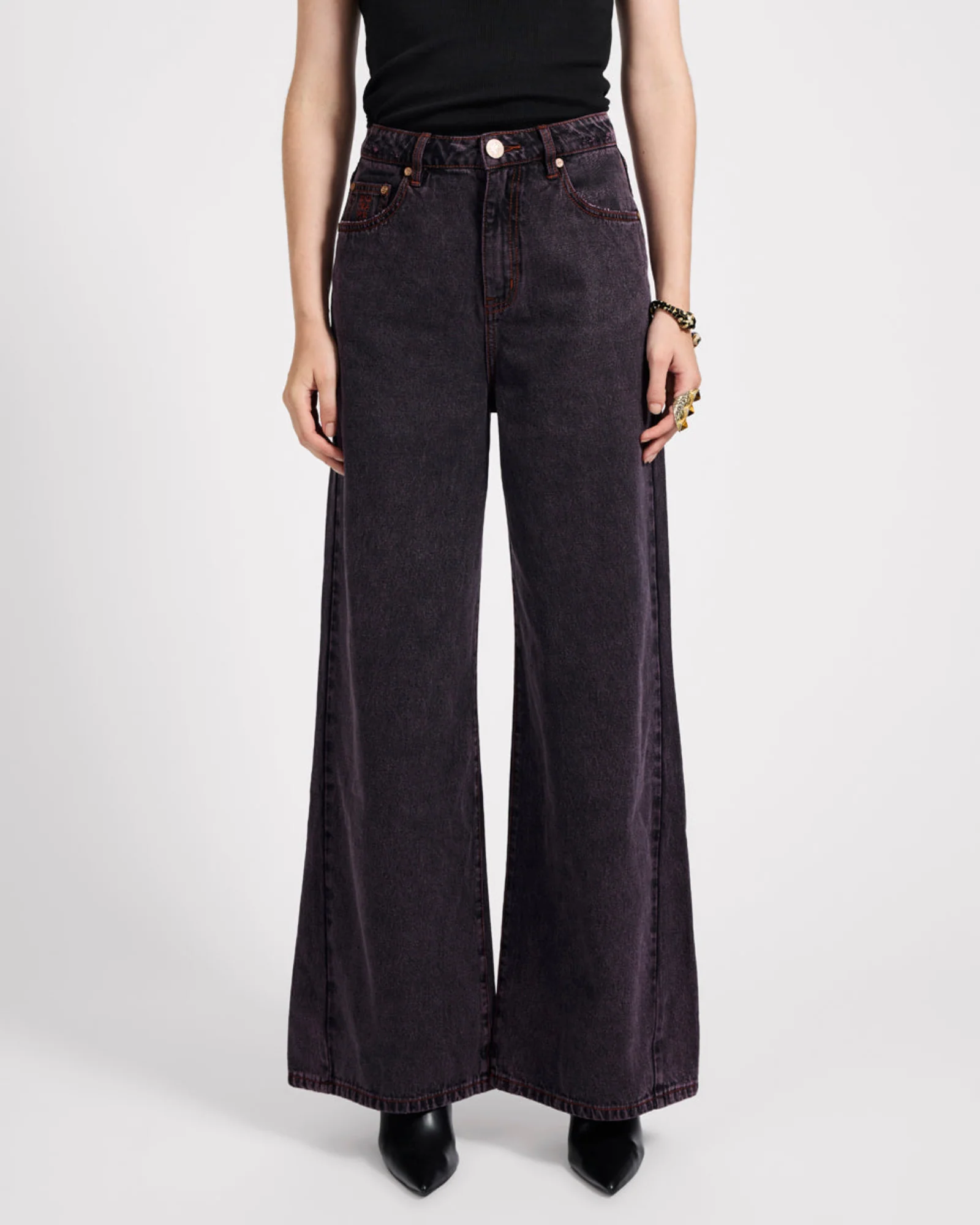 Love Machines Mid Waist Super Wide Leg Denim Jeans - Black Pink - Image 3
