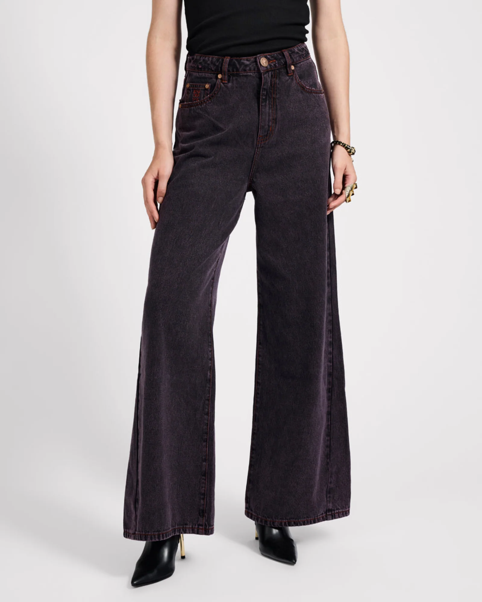 Love Machines Mid Waist Super Wide Leg Denim Jeans - Black Pink - Image 4