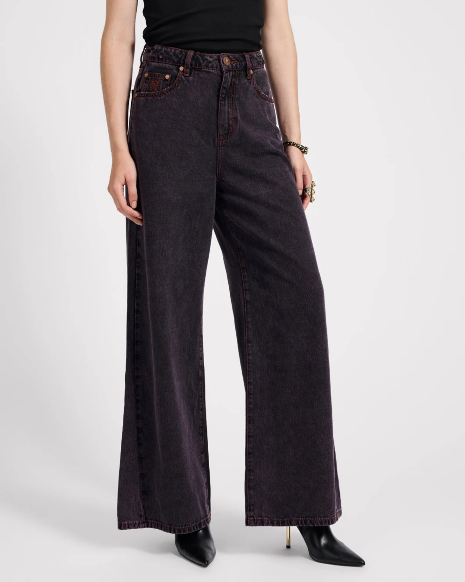Love Machines Mid Waist Super Wide Leg Denim Jeans - Black Pink - Image 7