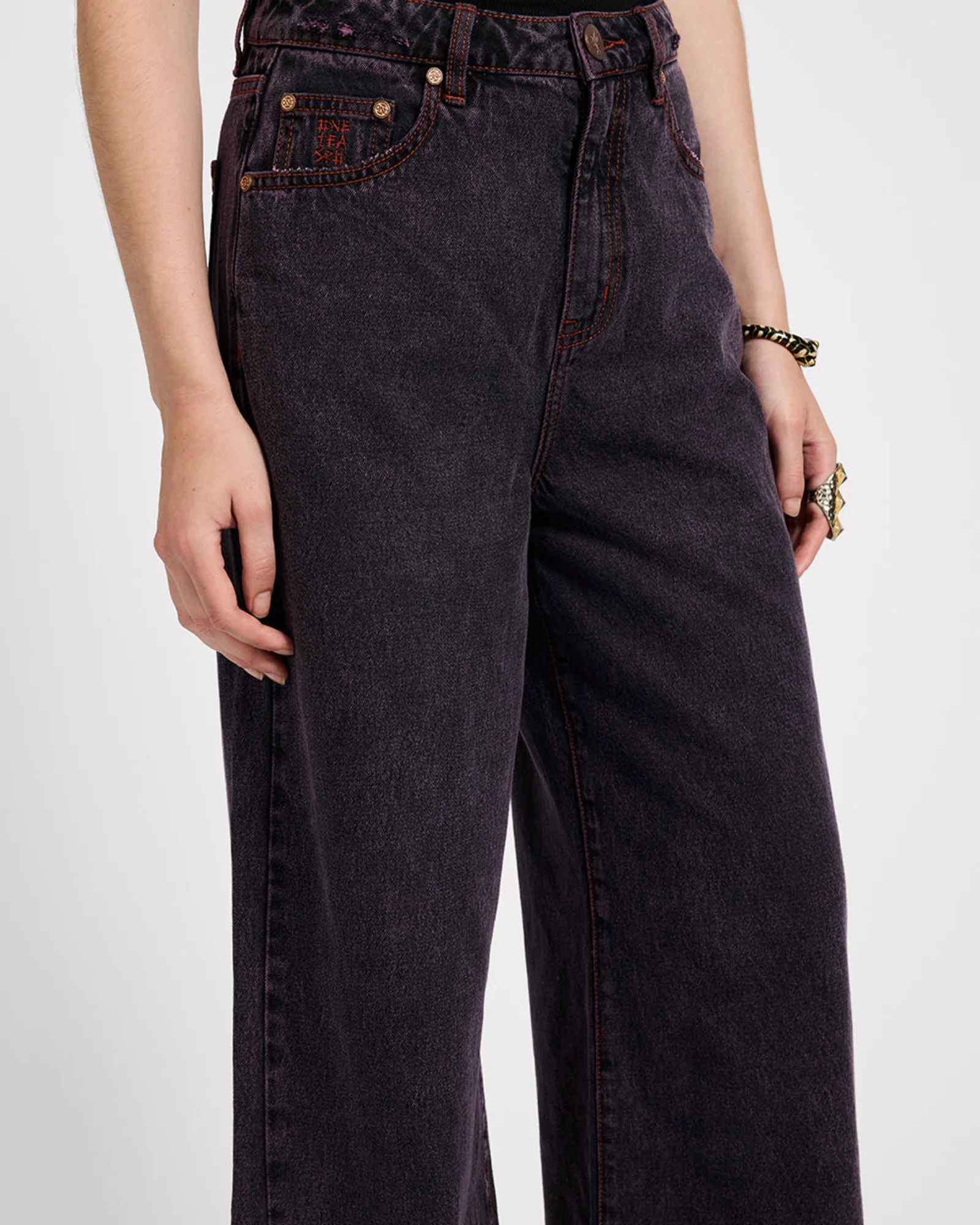 Love Machines Mid Waist Super Wide Leg Denim Jeans - Black Pink - Image 9