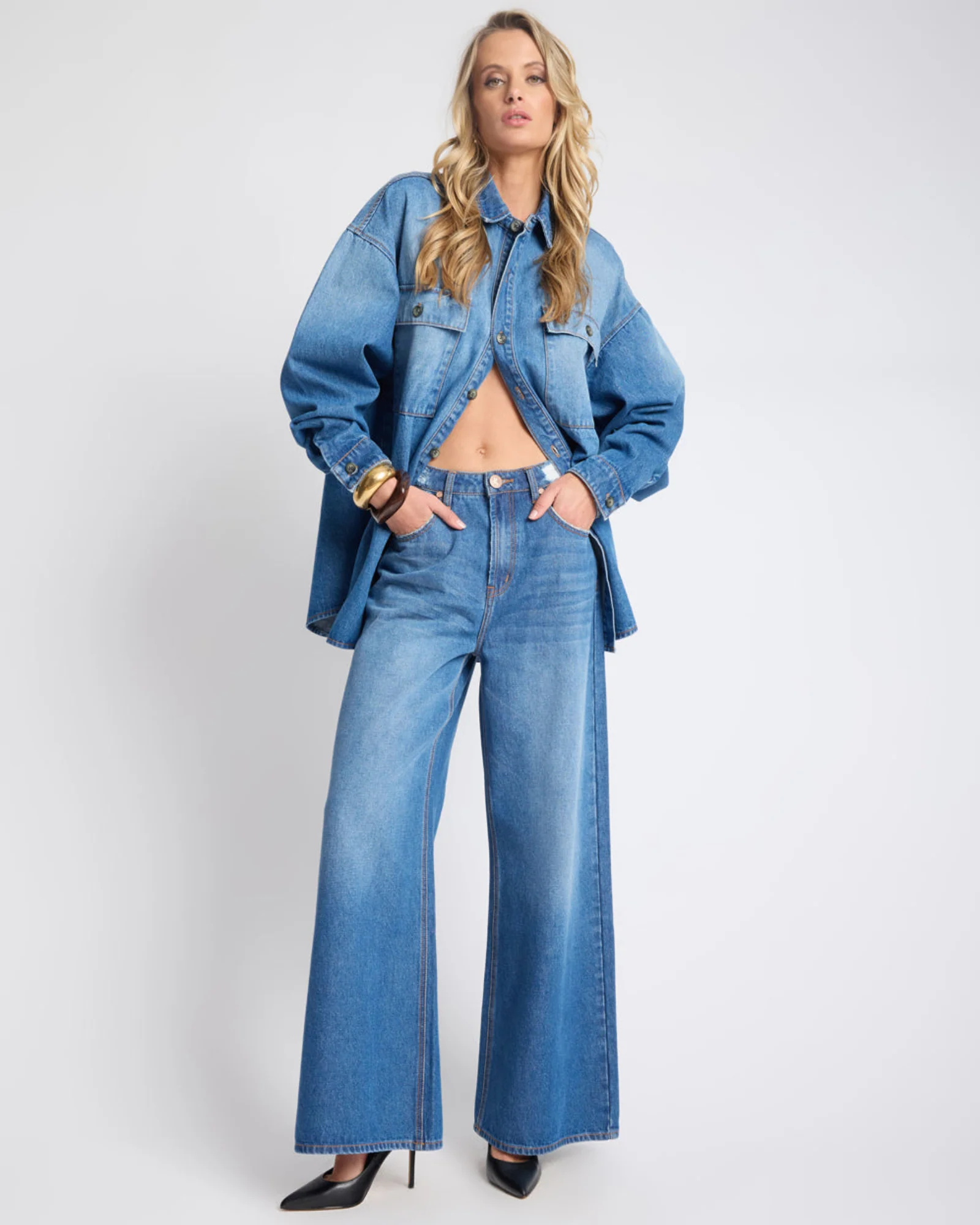 Love Machines Mid Waist Super Wide Leg Denim Jeans - Pacifica Blue - Image 2