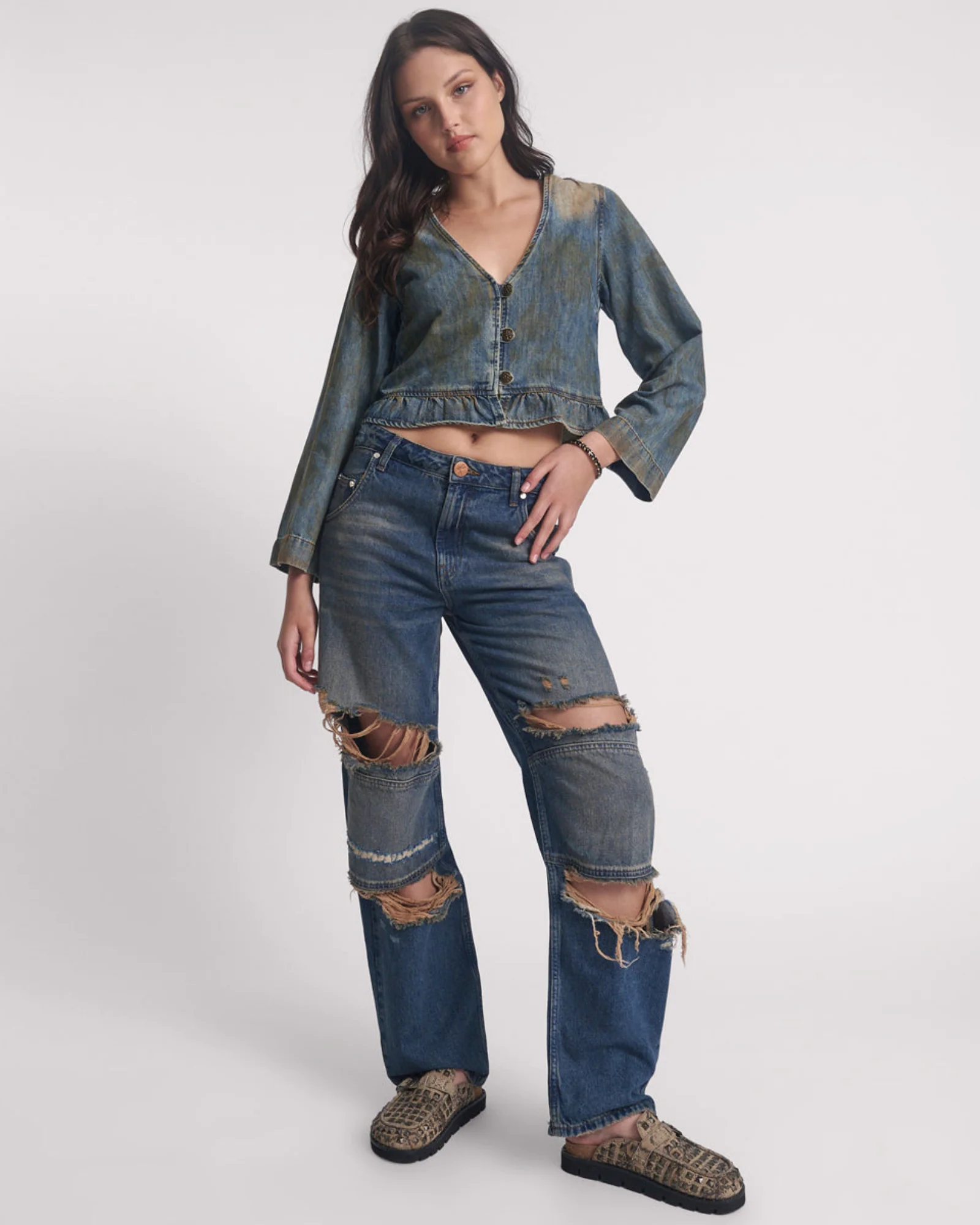 Denim Frill Backless Crop Top - Lucia Blue - Image 2