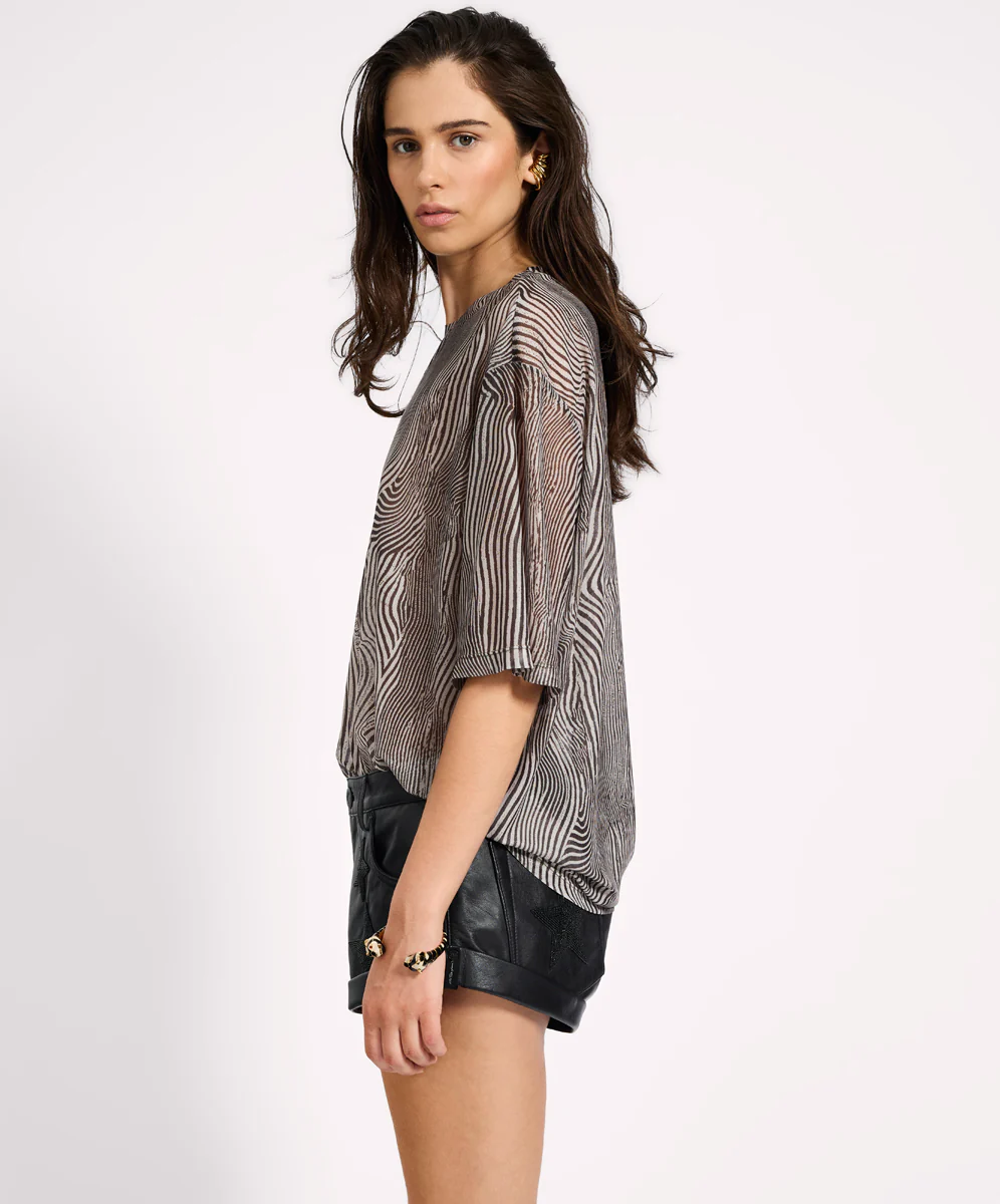Mesh Striped Oversized Kobe Tee - Grey Zebra Print - Image 6