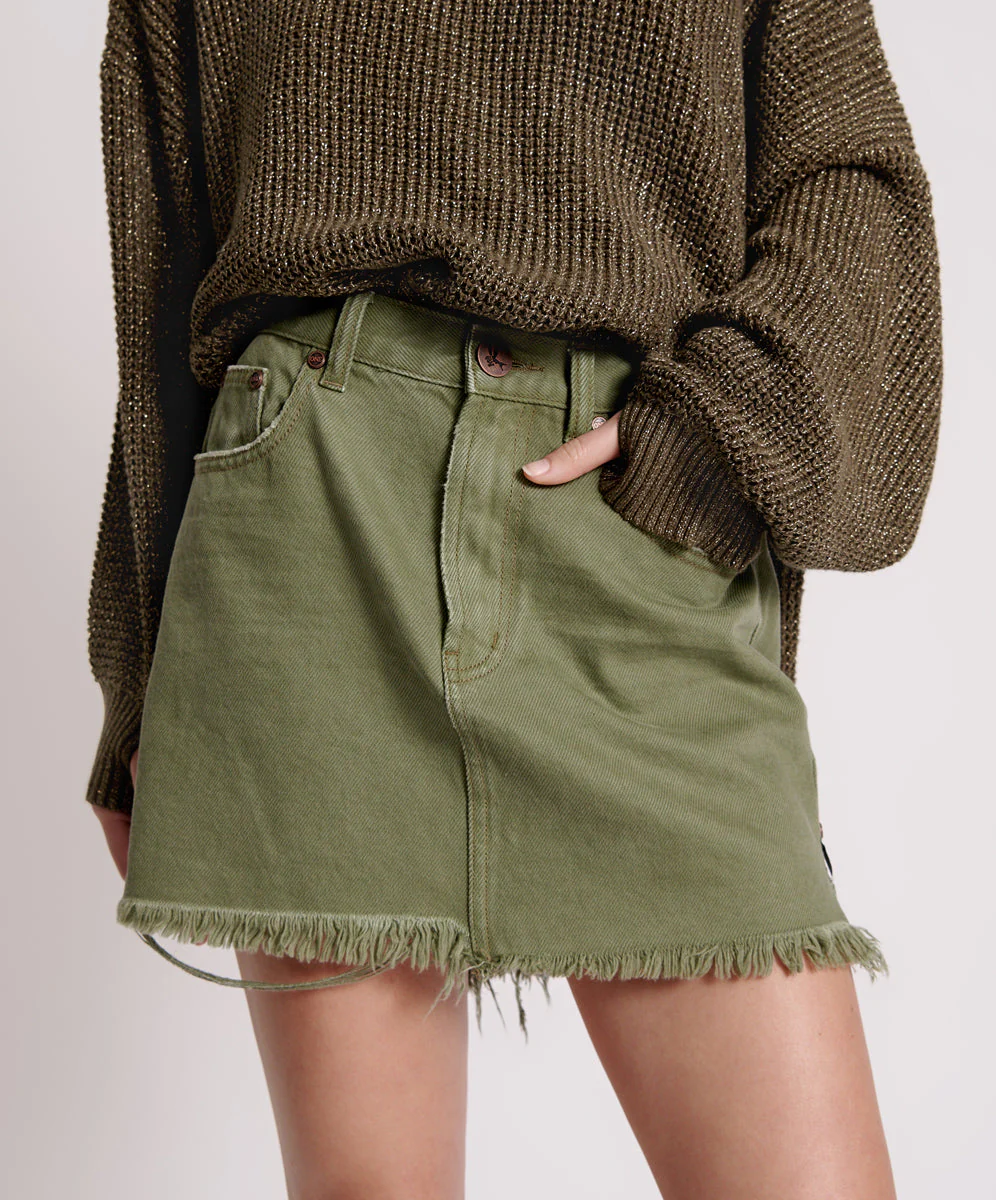 2020 High Waist Mini Denim Skirt - Military Khaki - Image 2